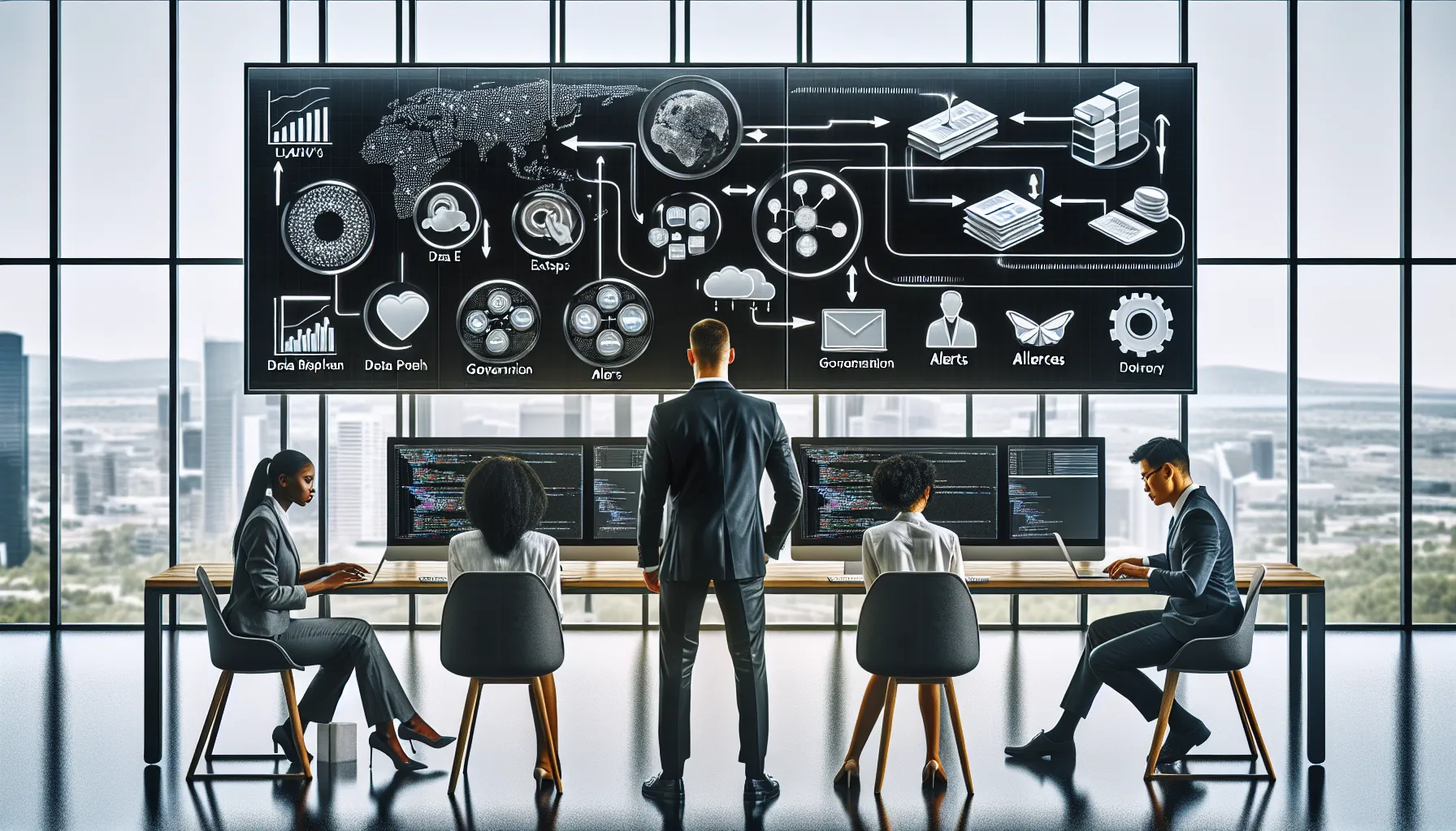 Data professionals automate Tableau workflows with dashboards, scripts, and alerts in a modern office.