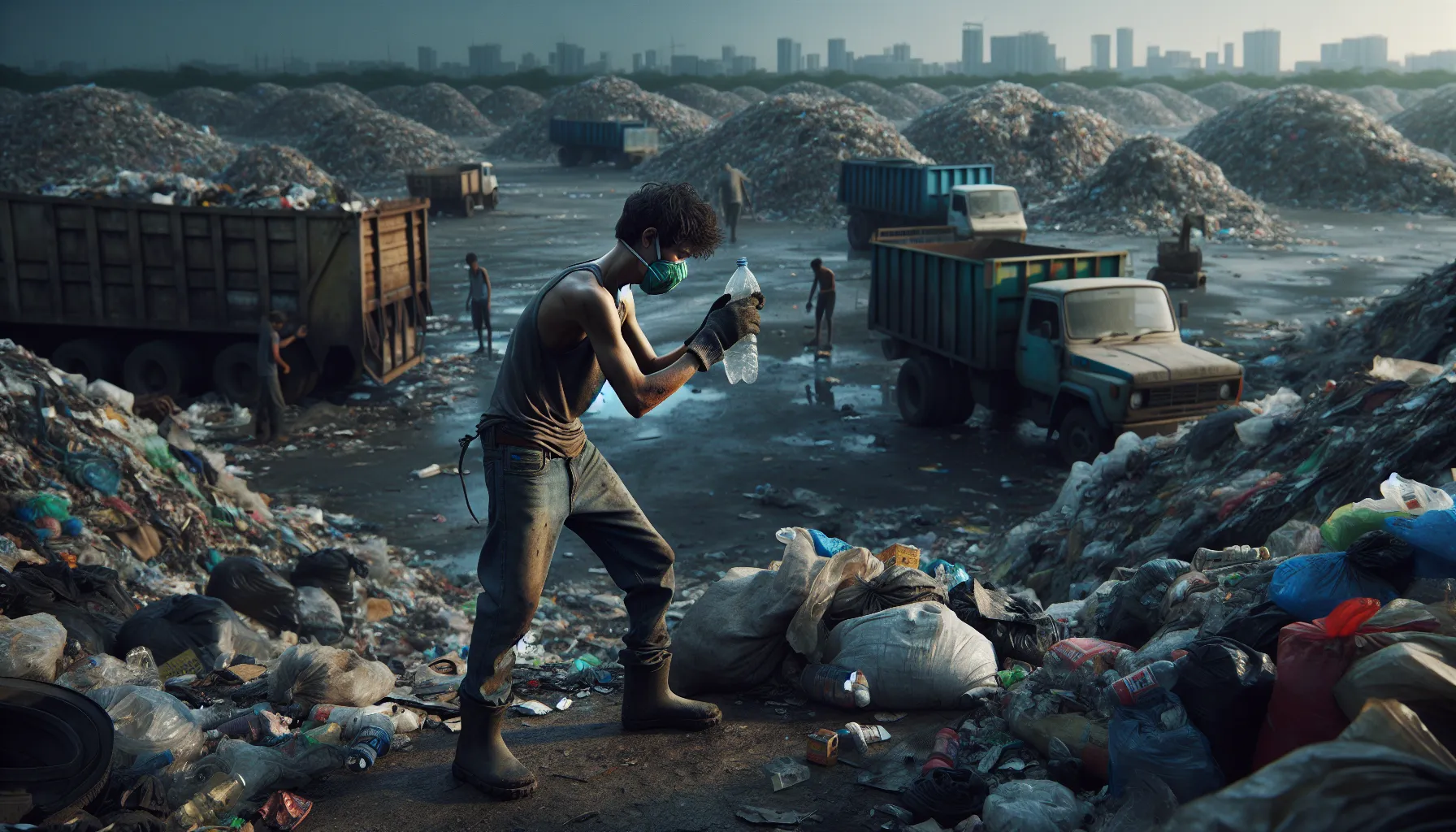 Waste picker sorting trash at an open dumpsite while planners observe from afar.