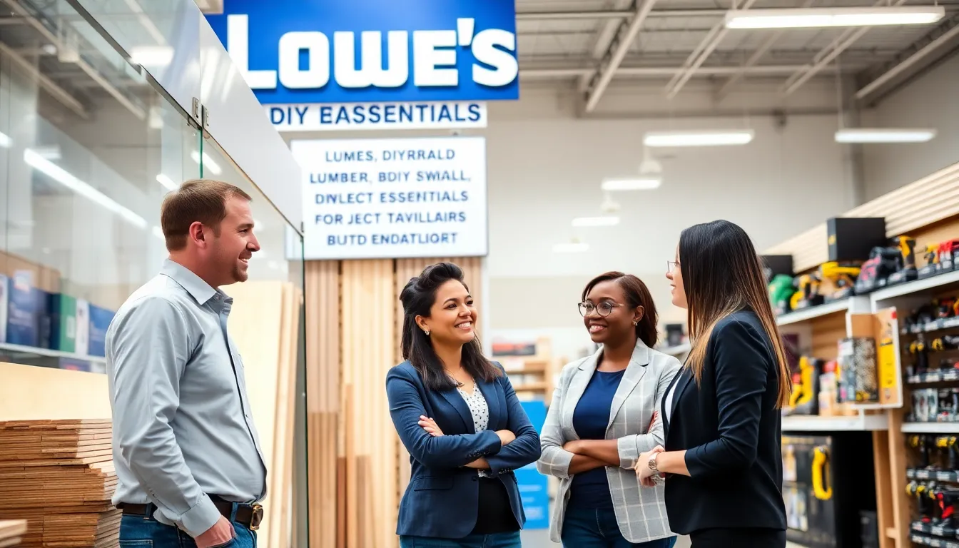 professionals discussing building materials in a Lowe's store.