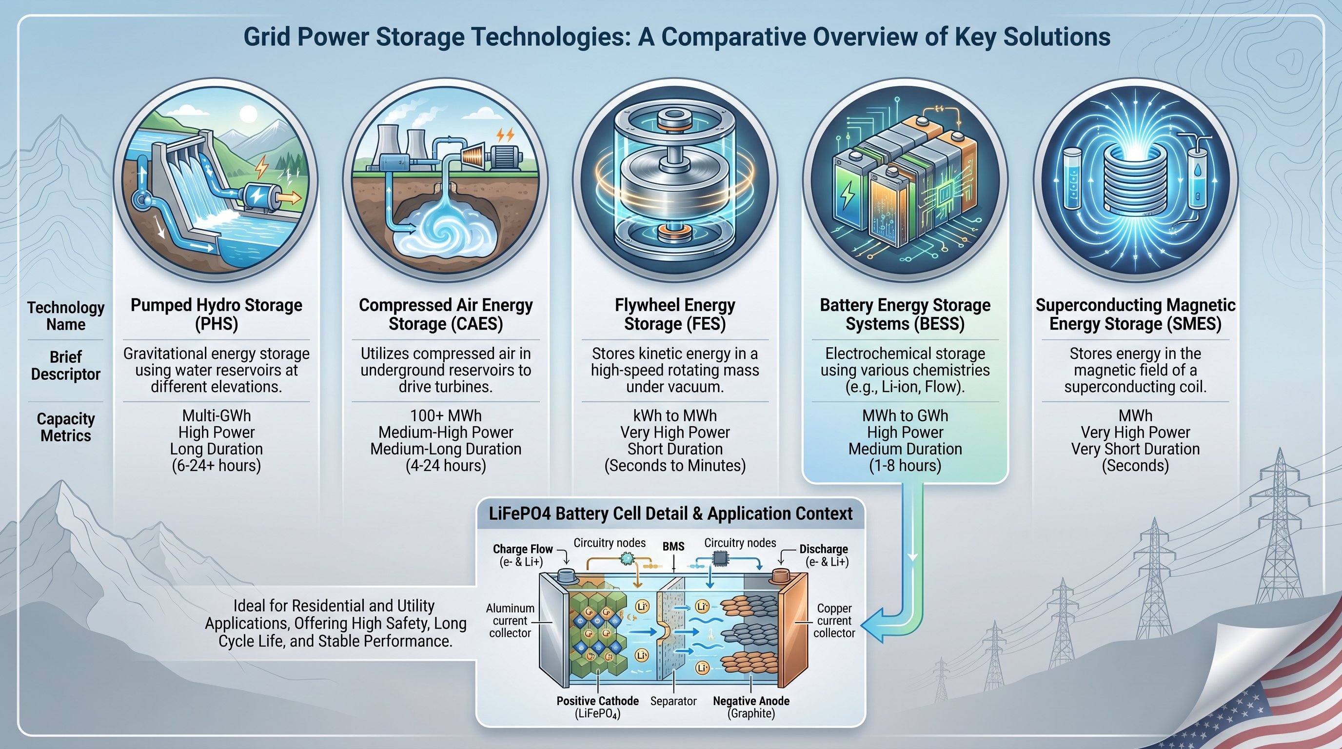 Comparison chart of five grid power storage technologies with battery detail inset.