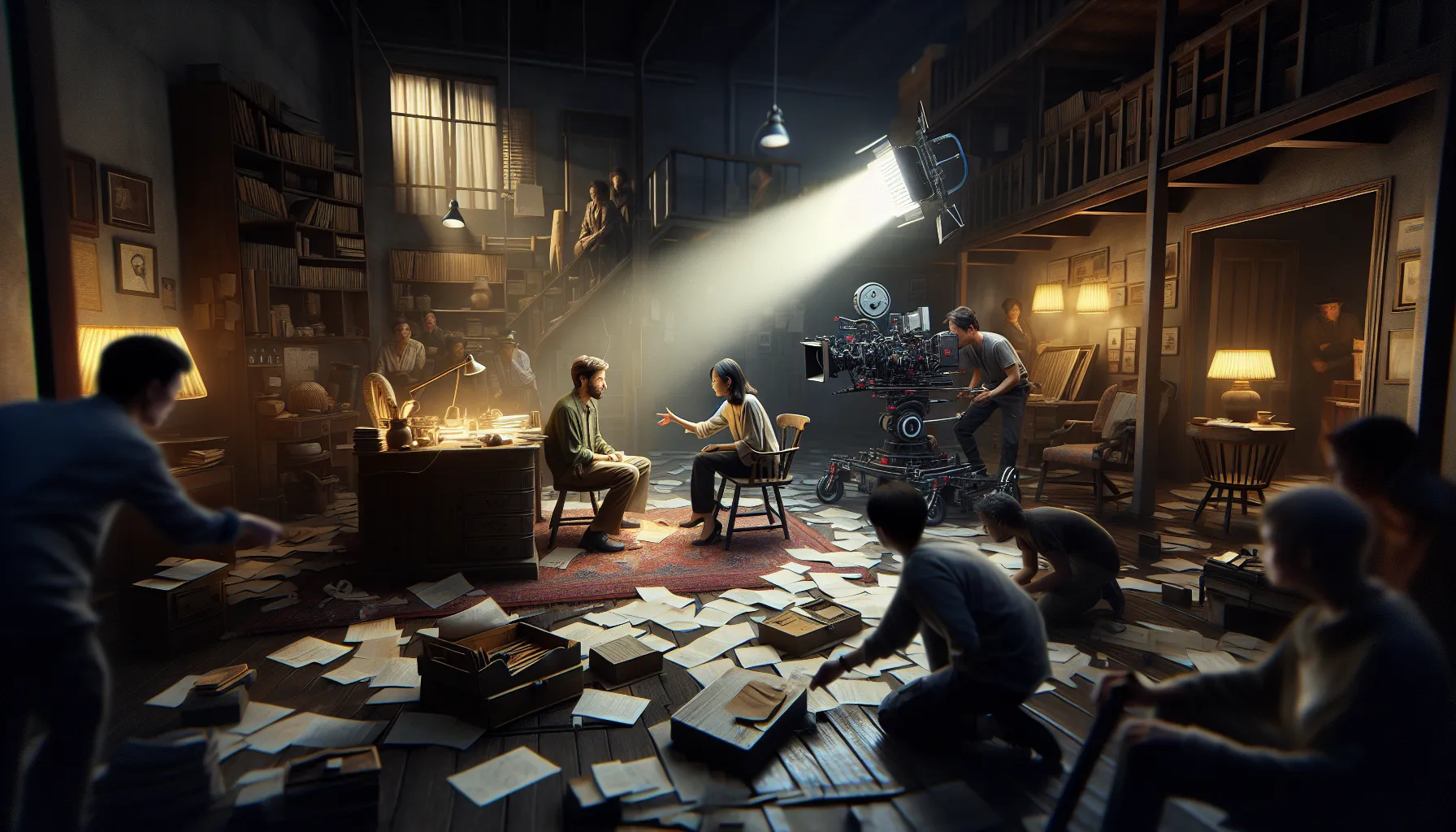 A film crew shooting a dramatic scene on set focusing on character interactions.