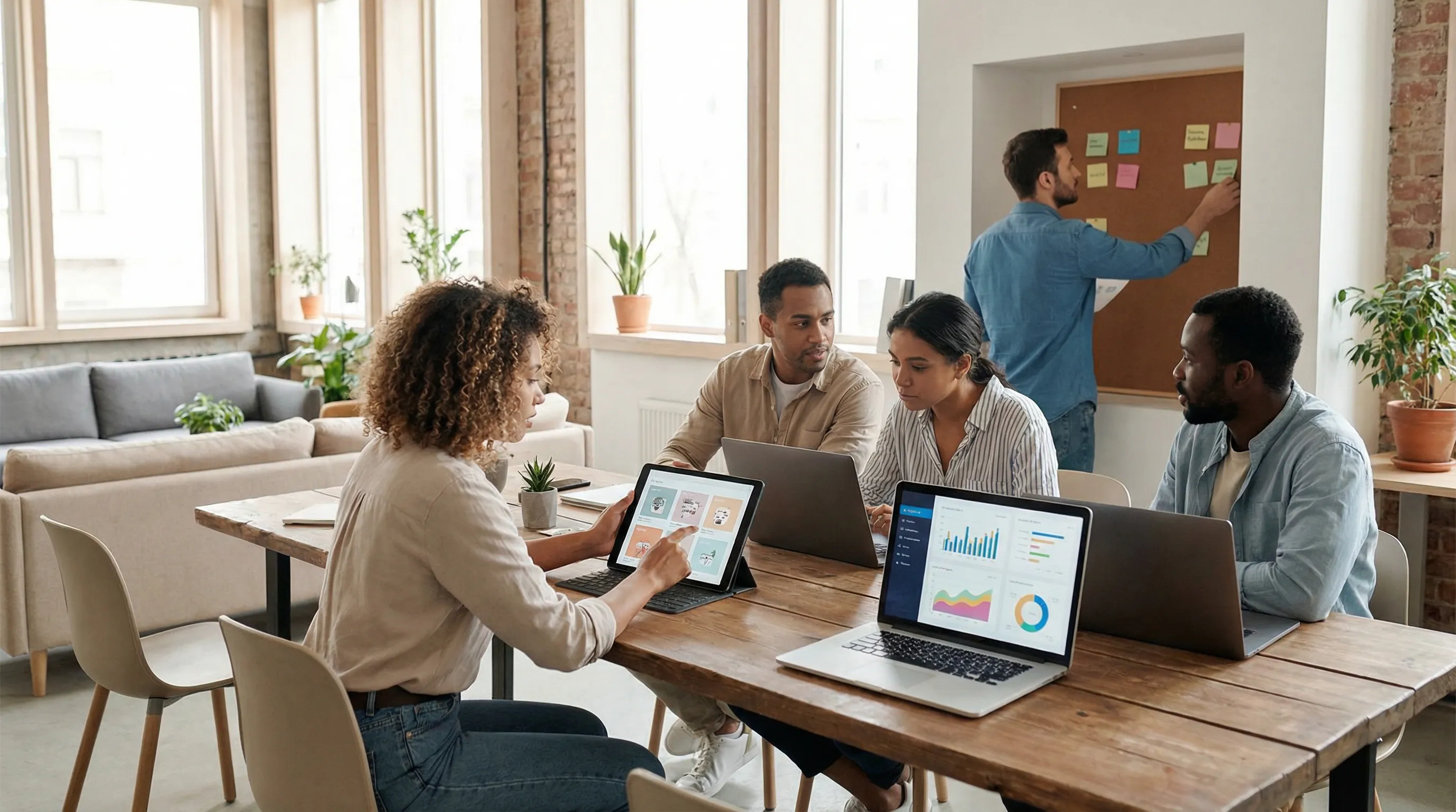 Professional team in a bright modern office collaborating over laptops and tablets displaying social media dashboards and content calendars, conveying organized social media management in a clean, natural setting.