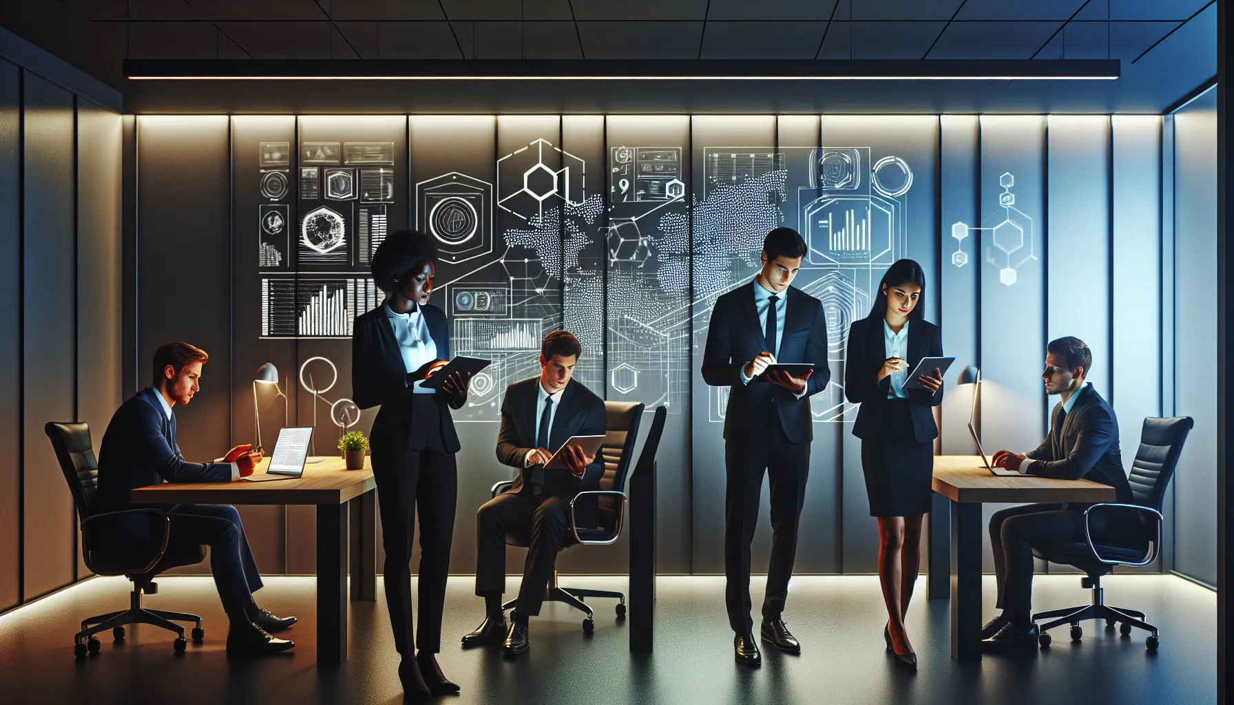 diverse professionals discussing digital data in a modern office.