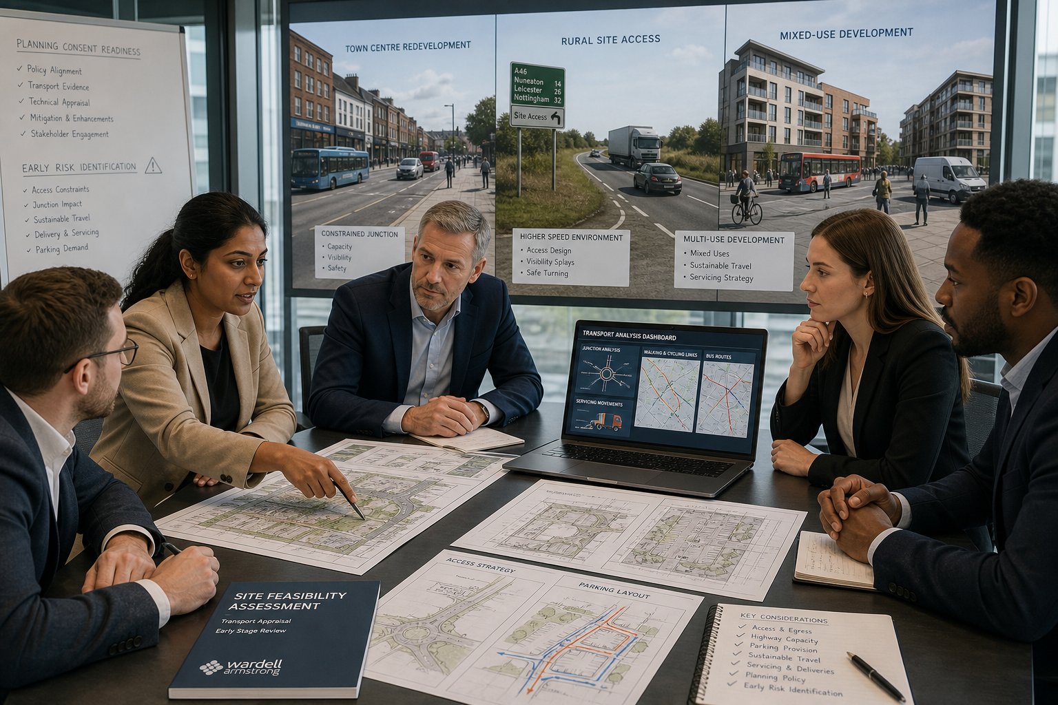 Transport planners reviewing development access and traffic plans in a modern office.