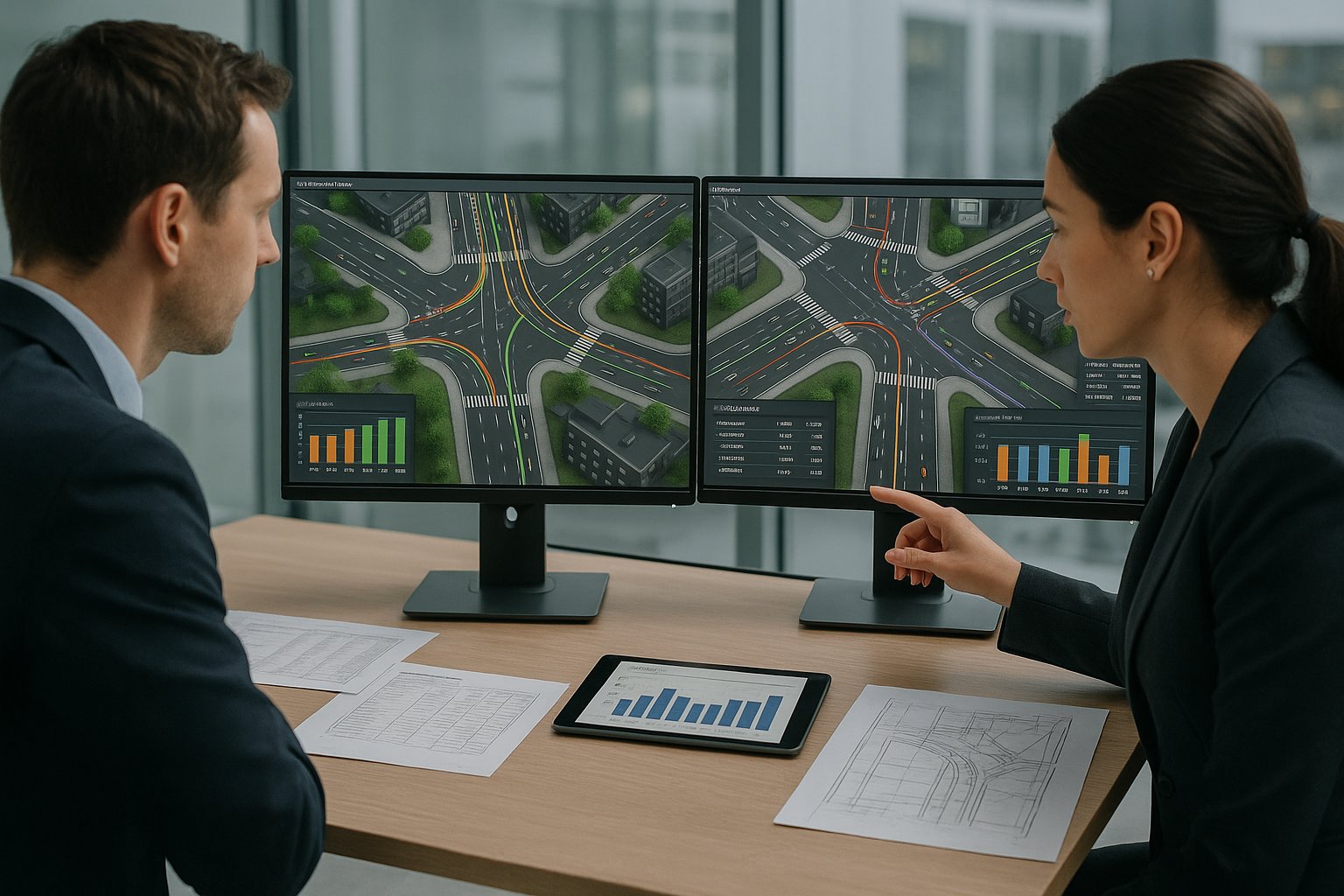 Traffic consultants reviewing detailed VISSIM road network model in a modern UK office.