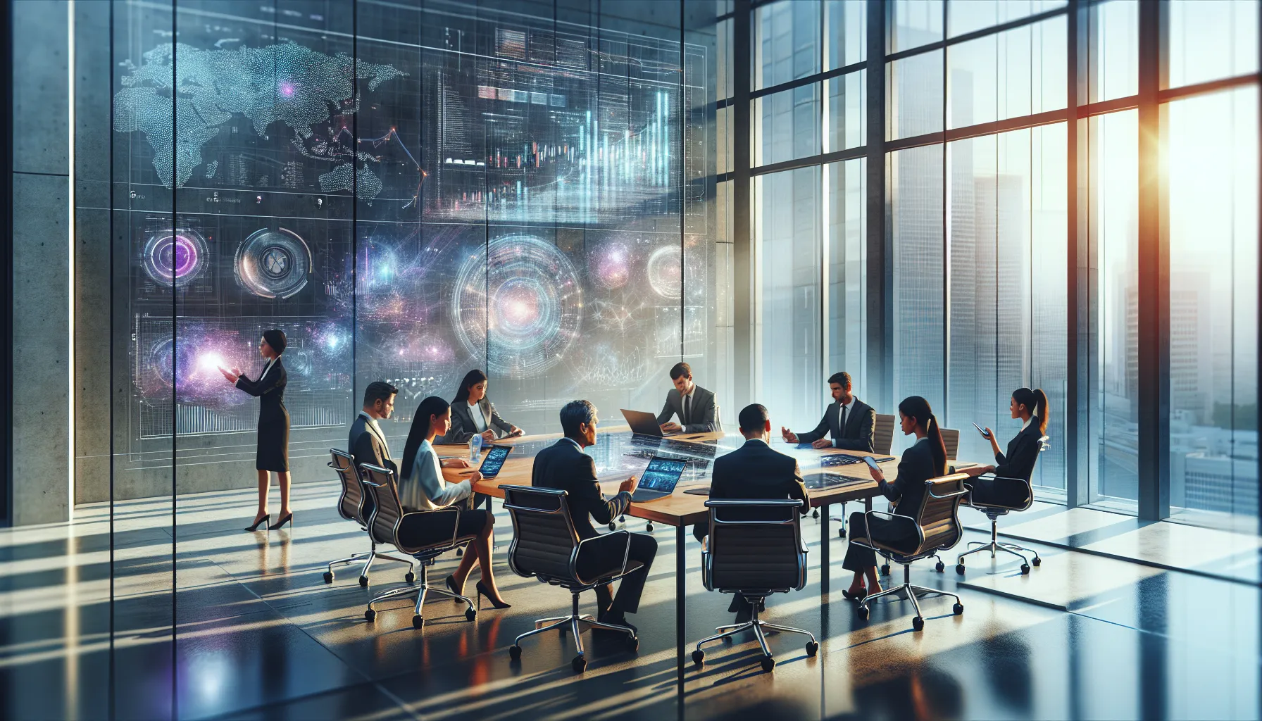 diverse team analyzing data in a modern office setting.