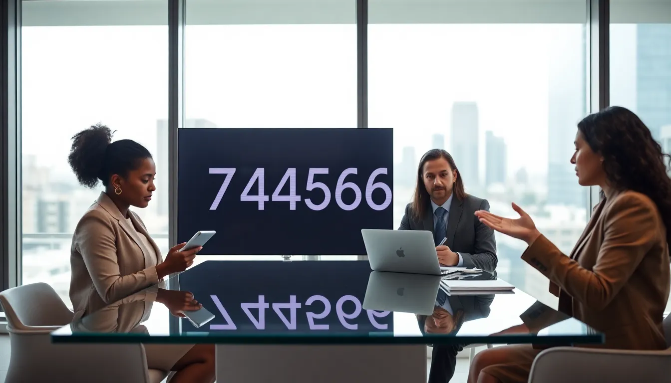 diverse team discussing the number 7742526155 in a modern office.