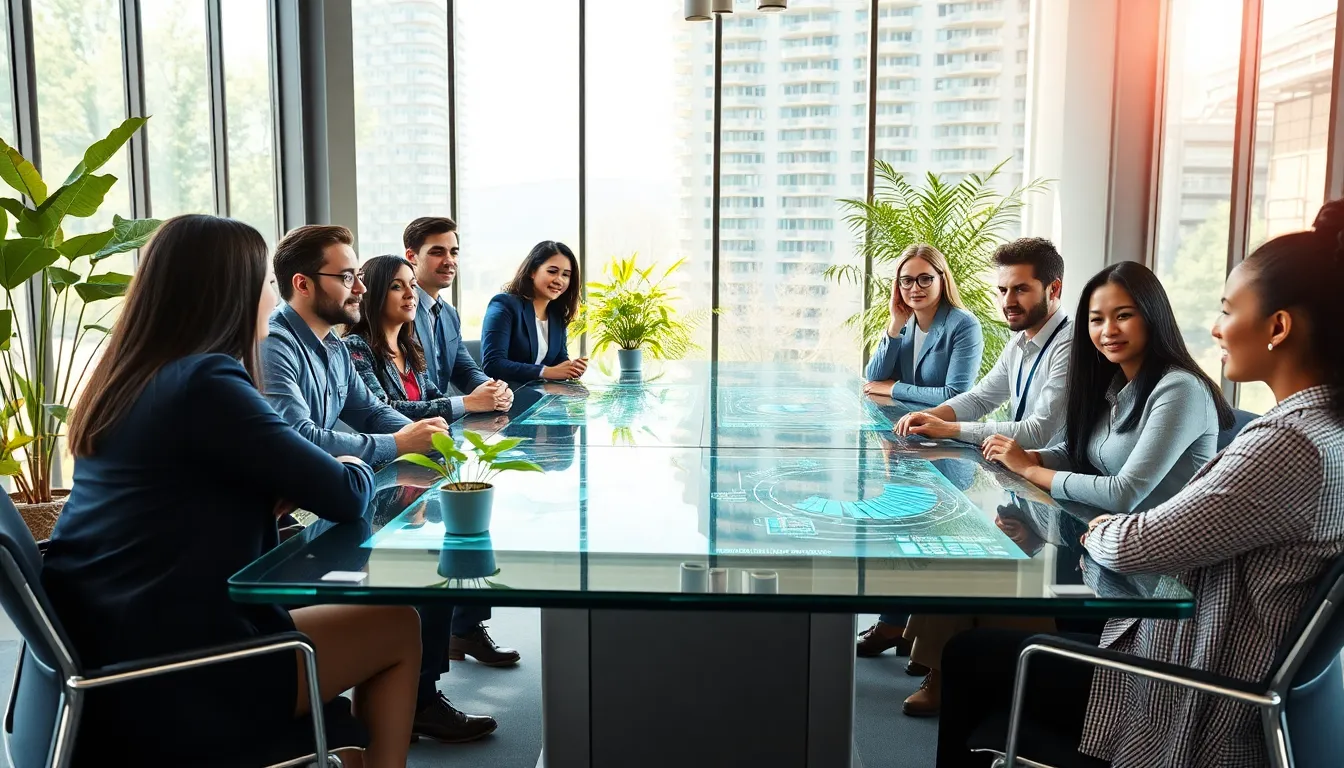 diverse professionals discussing sustainable technology in a modern office.