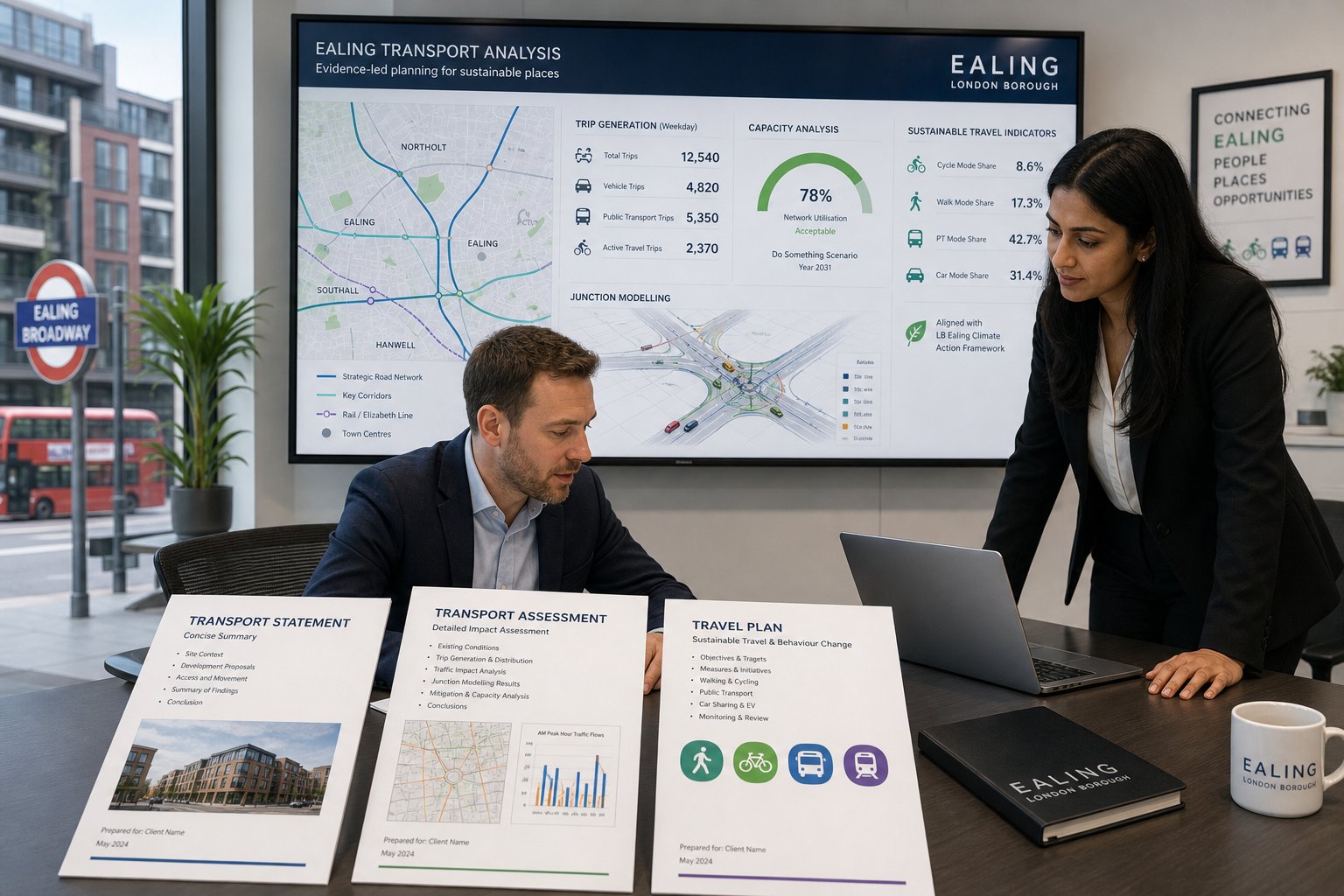 Traffic engineer reviewing transport planning documents in a modern UK office.