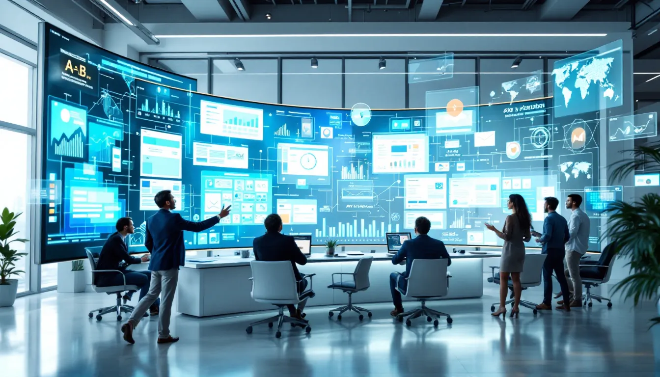 Marketing team collaborating with AI-powered personalization dashboard in modern corporate setting.