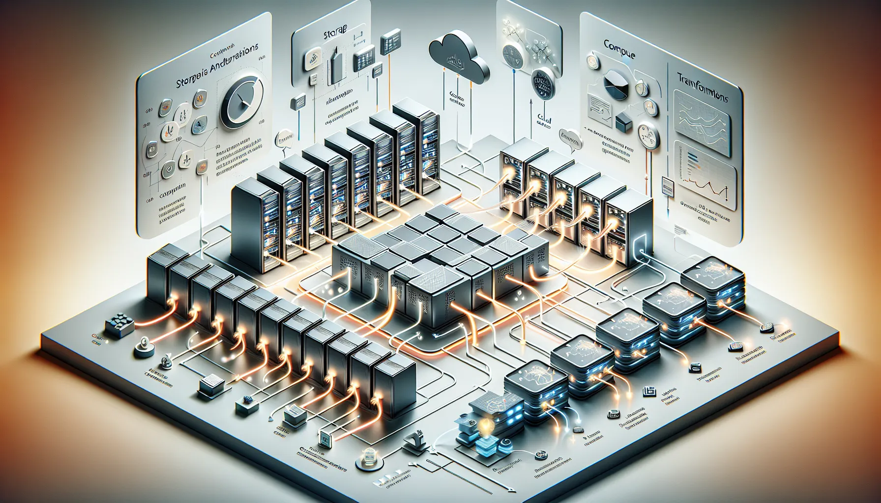 Isometric diagram of Tableau Prep Conductor architecture with server nodes and data flows.