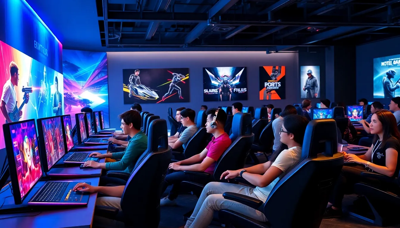 diverse gamers in a modern gaming lounge.