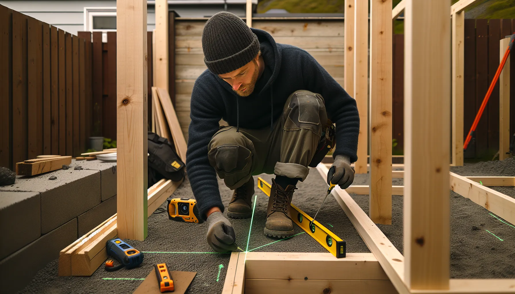 Diyer aligns carport layout with cross-line laser and essential hand tools.