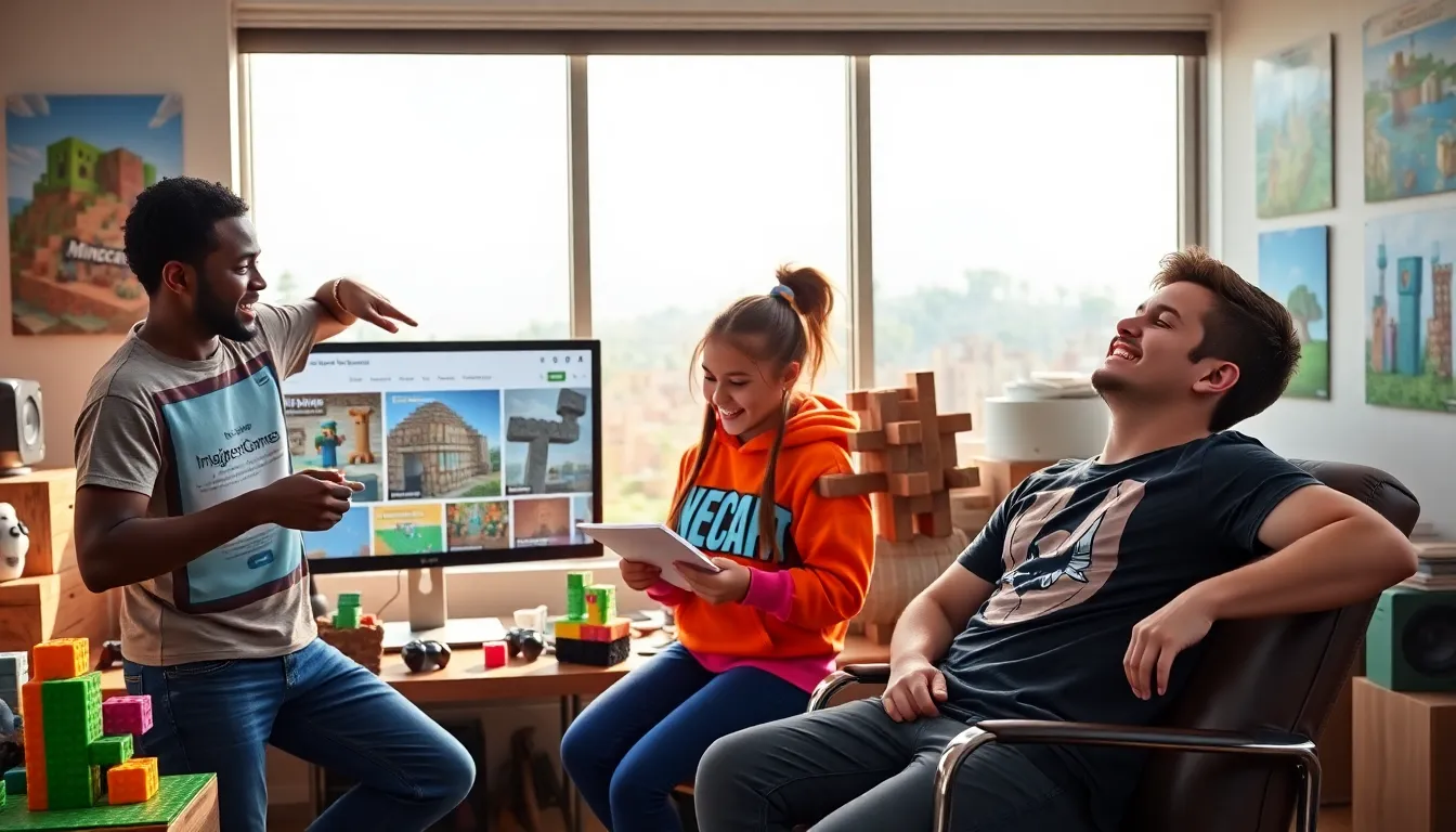 gamers engaged around a computer, exploring ImagineerGames in a Minecraft-themed room.