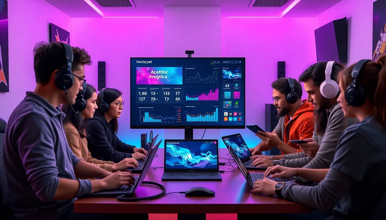 diverse gamers collaborating around a modern gaming setup.