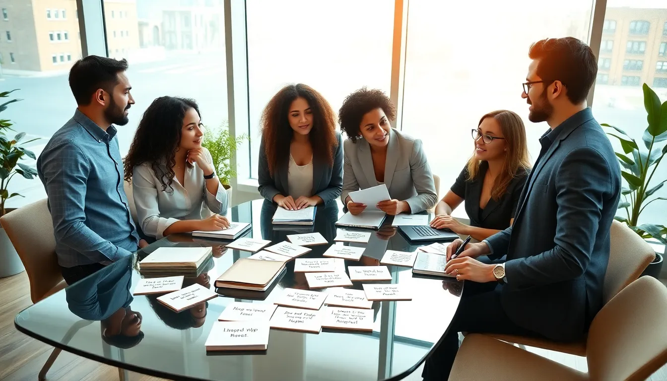 diverse group discussing strong life quotes in a modern office.