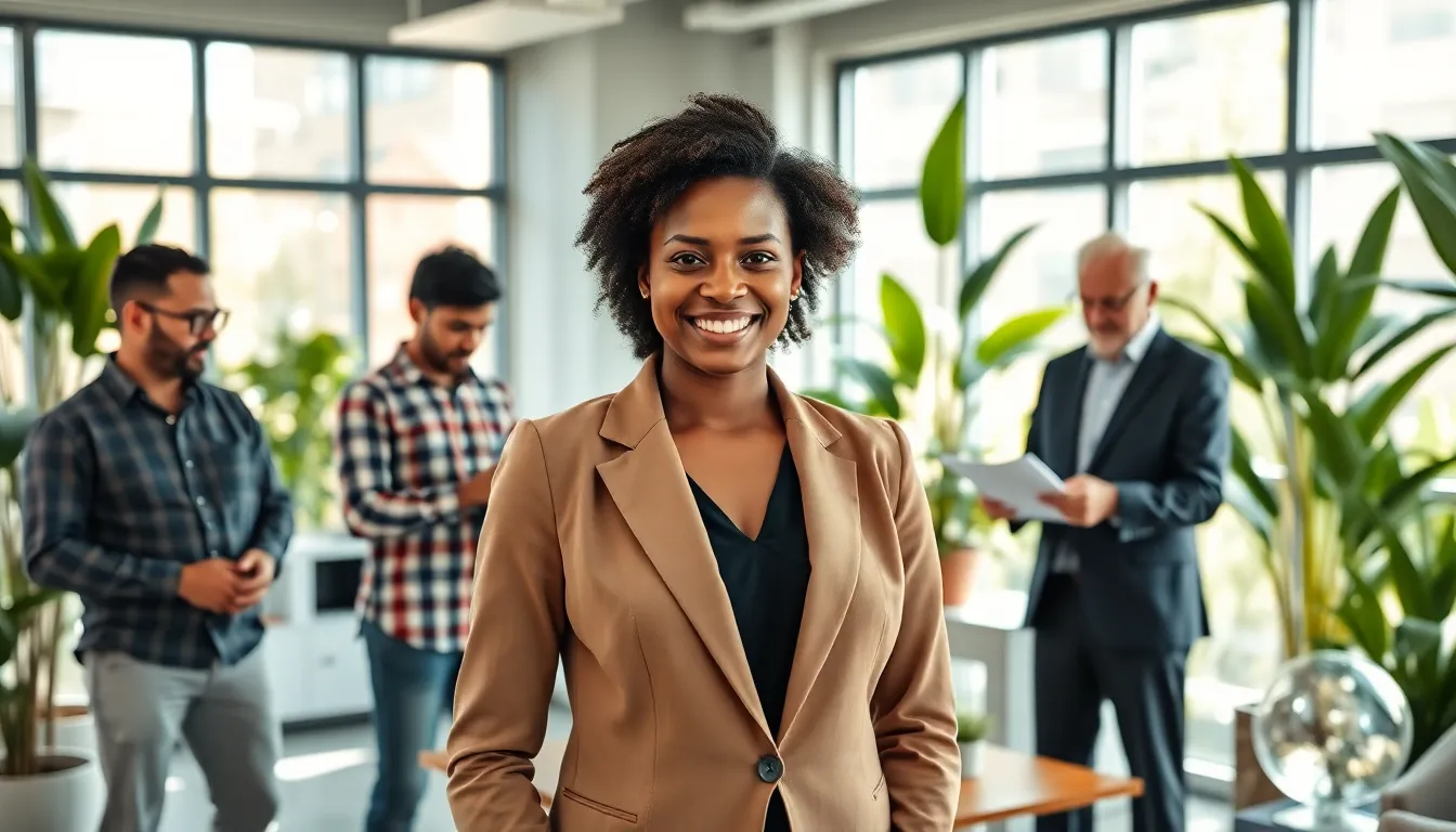 A diverse team of professionals at Homerocket Realty in a modern office.
