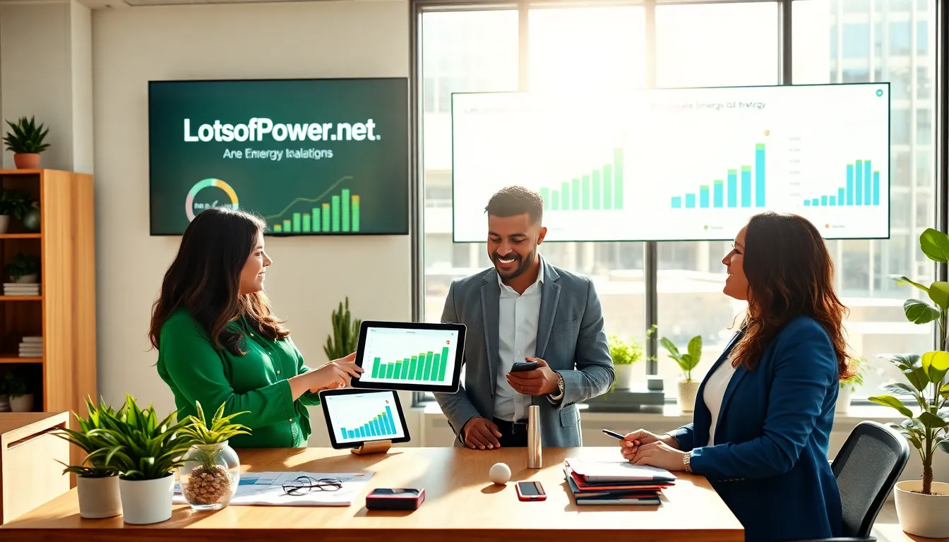 a diverse group discussing renewable energy solutions in a bright office.
