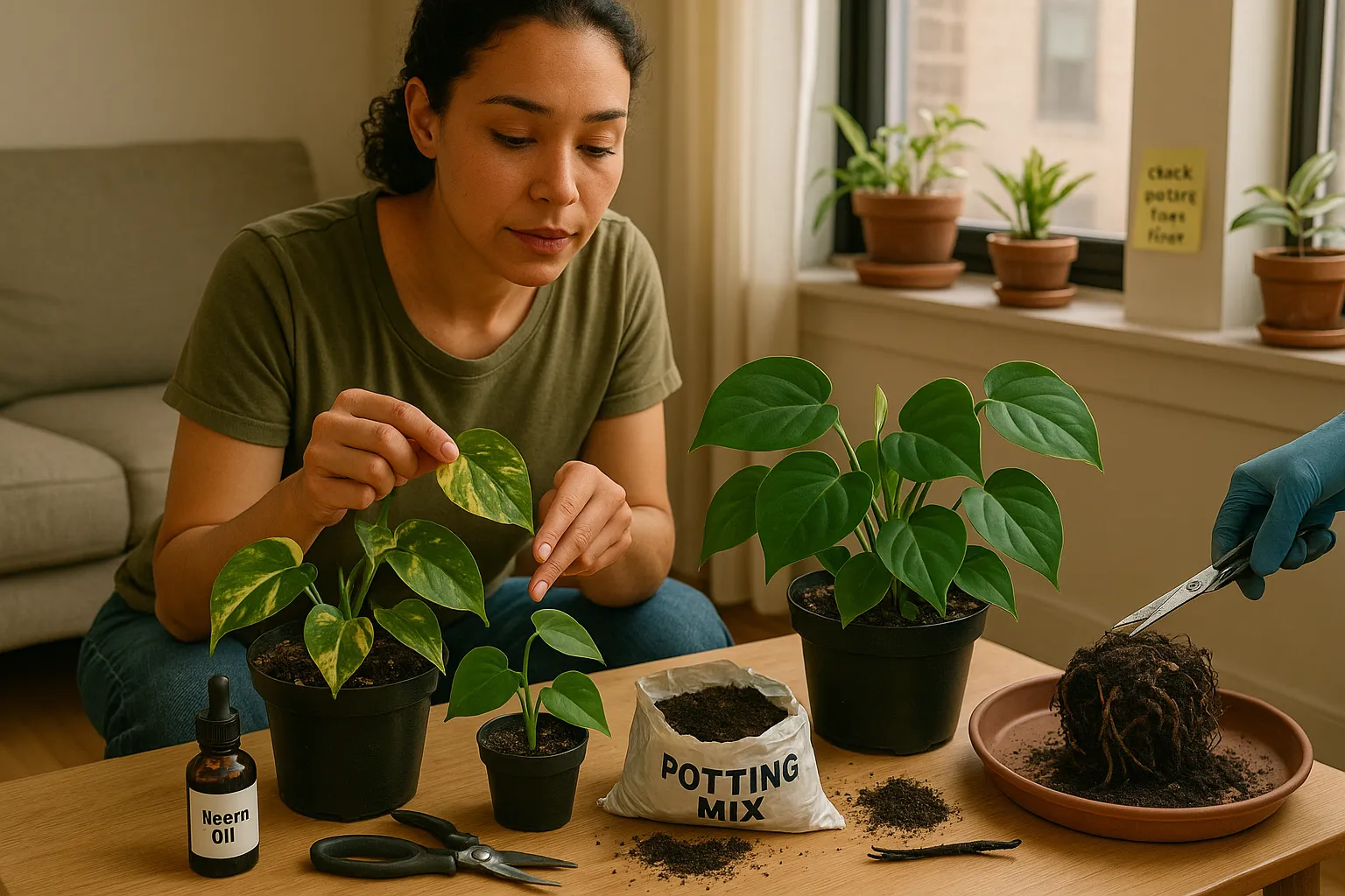 Person inspecting pothos and philodendron leaves and repotting with tools.