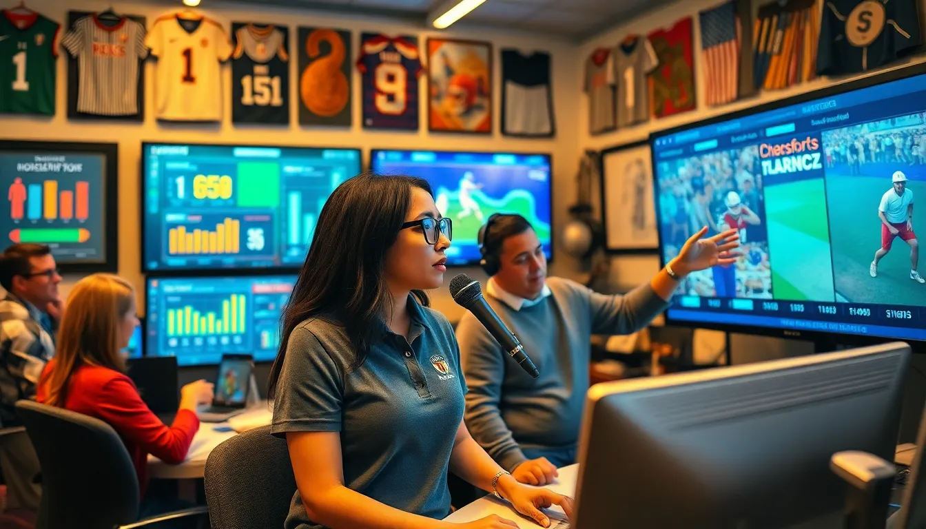 sports analysts reviewing football and golf statistics in a lively newsroom.