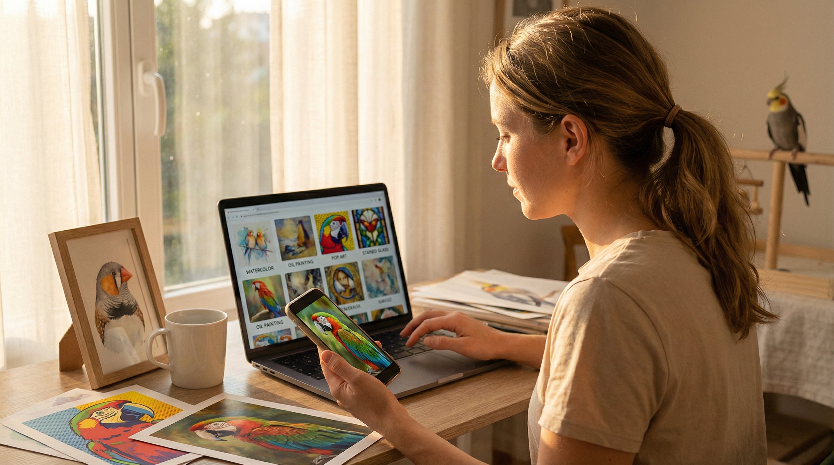 Woman choosing an art style for a custom bird portrait on her laptop.