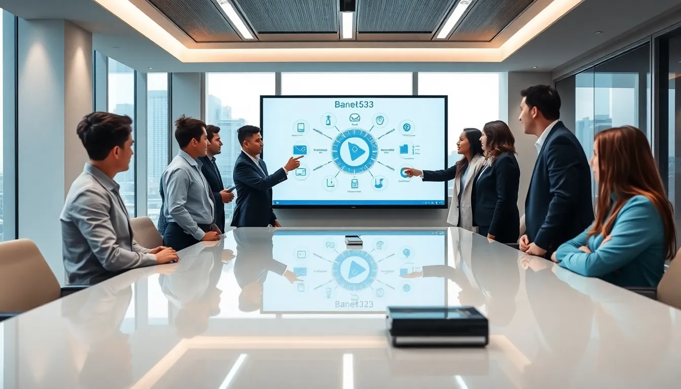 diverse professionals discussing the Banet523 digital framework in a modern office.