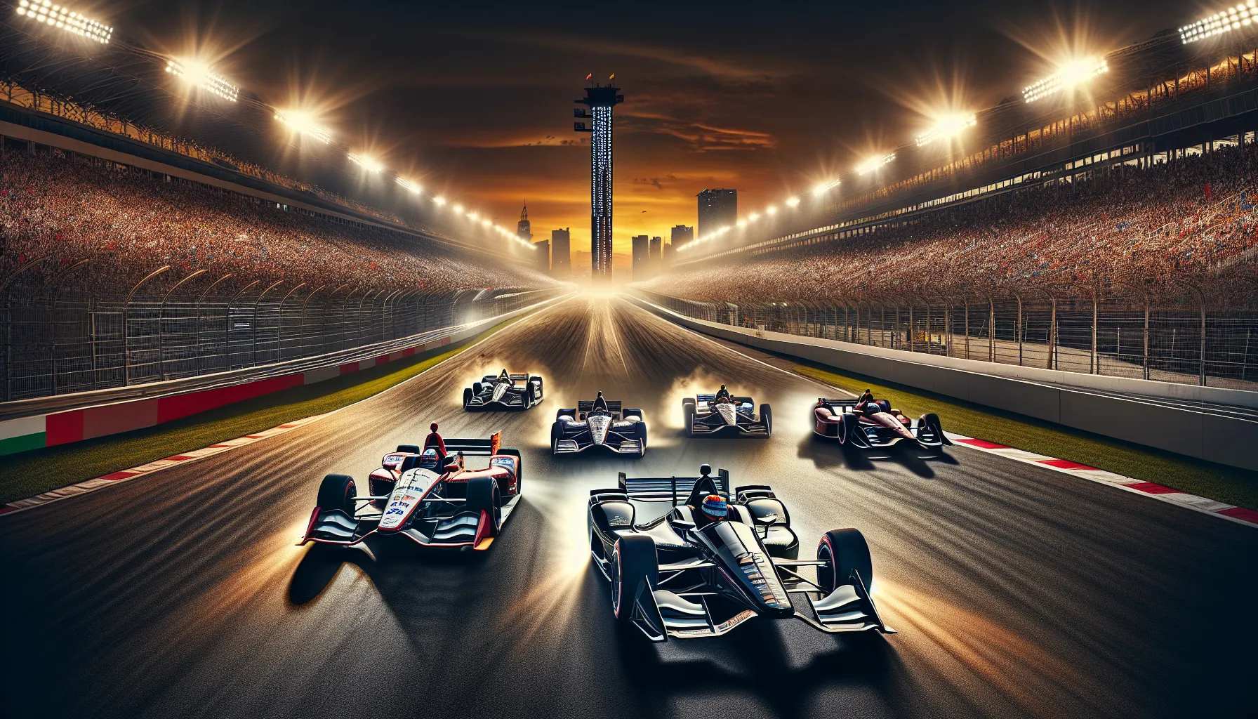A Formula 1 car cornering while an IndyCar accelerates on a racetrack.