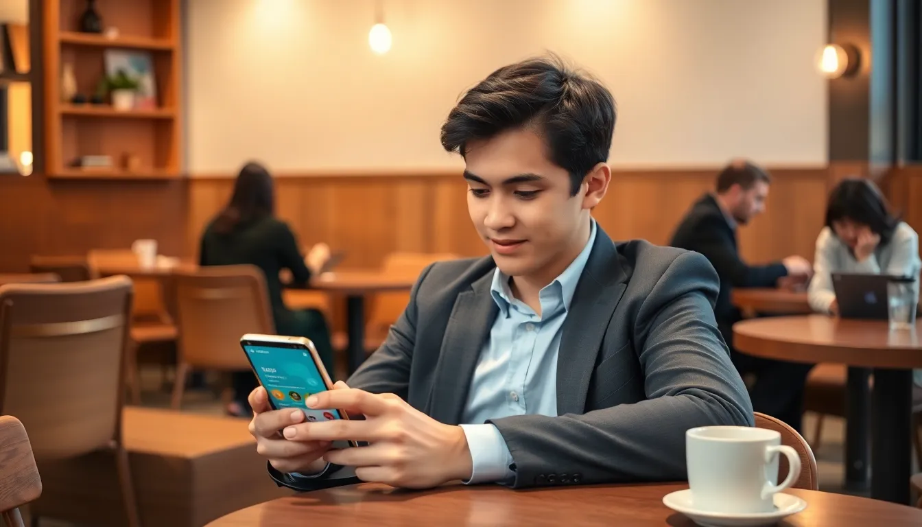 person using a language learning app in a cozy café.