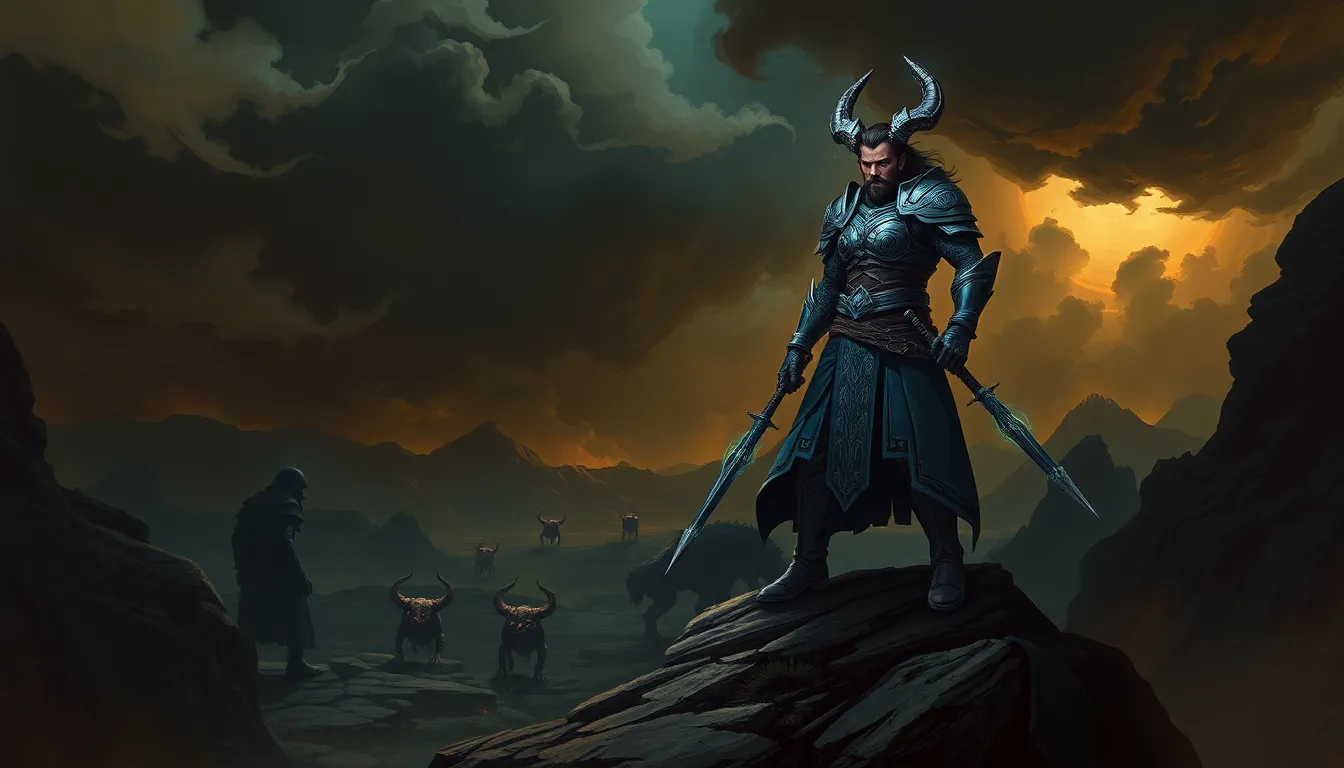 A powerful daemonhunter in a mythical landscape with dark forces looming.