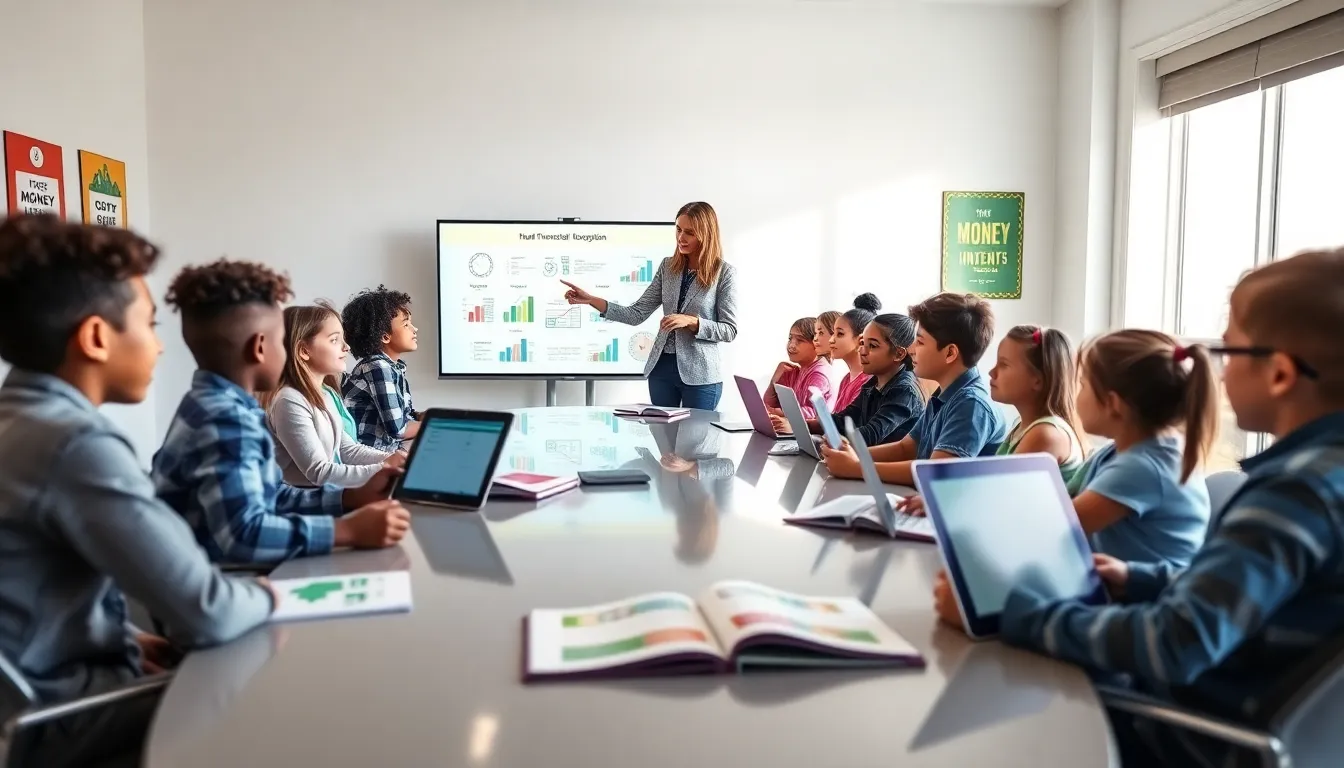 children learning personal finance in a modern classroom.
