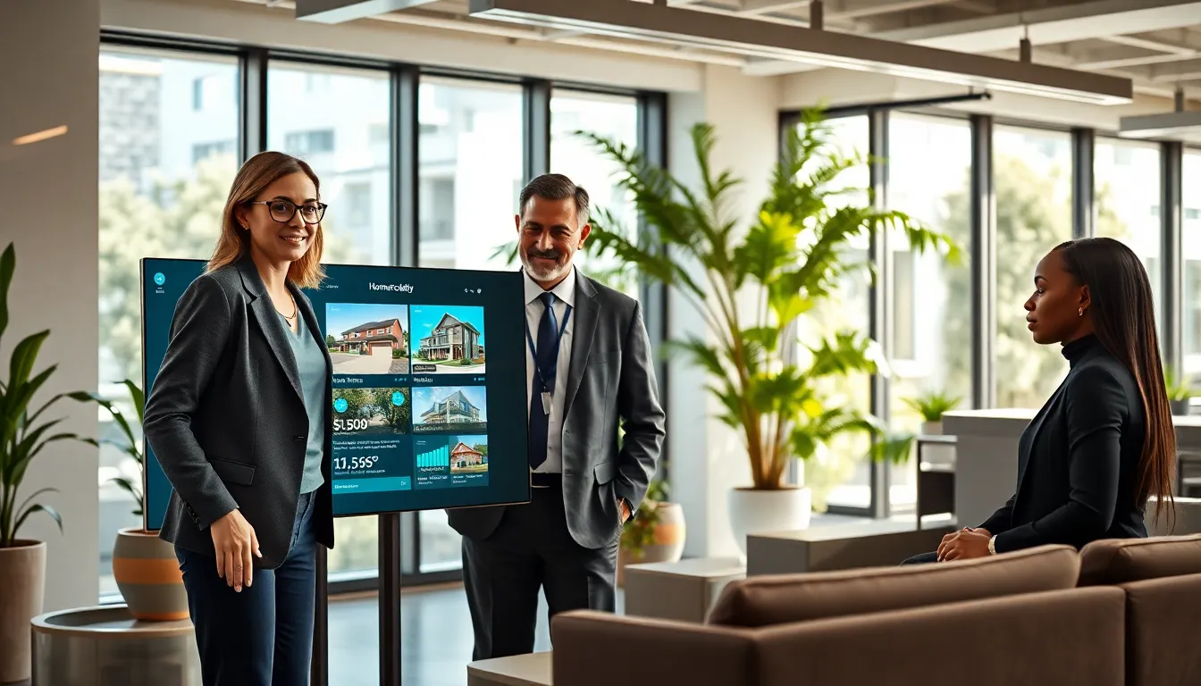 three diverse professionals discussing real estate listings in a modern office.