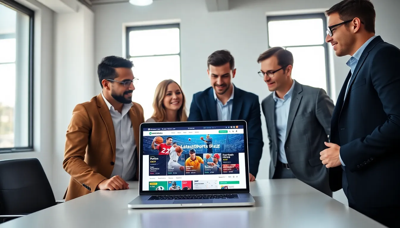 diverse group discussing sports updates in a modern office.