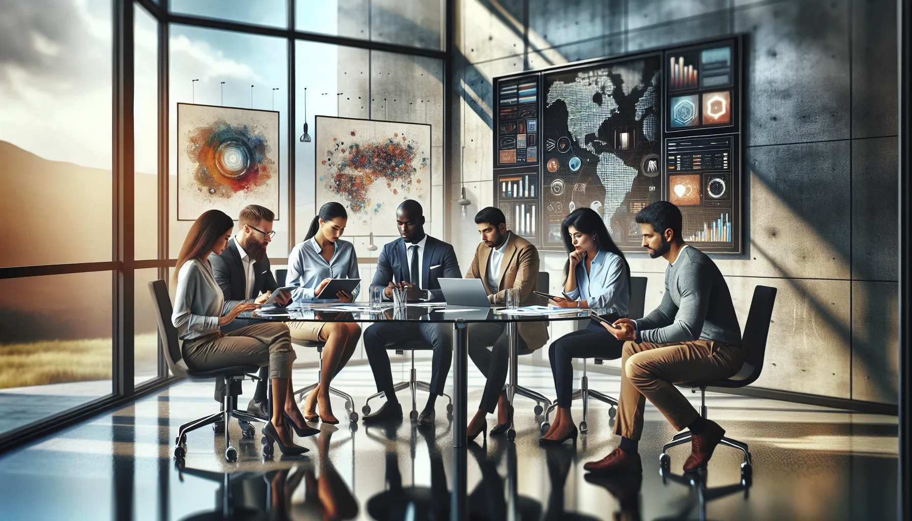 diverse group collaborating in a modern office setting focused on technology.