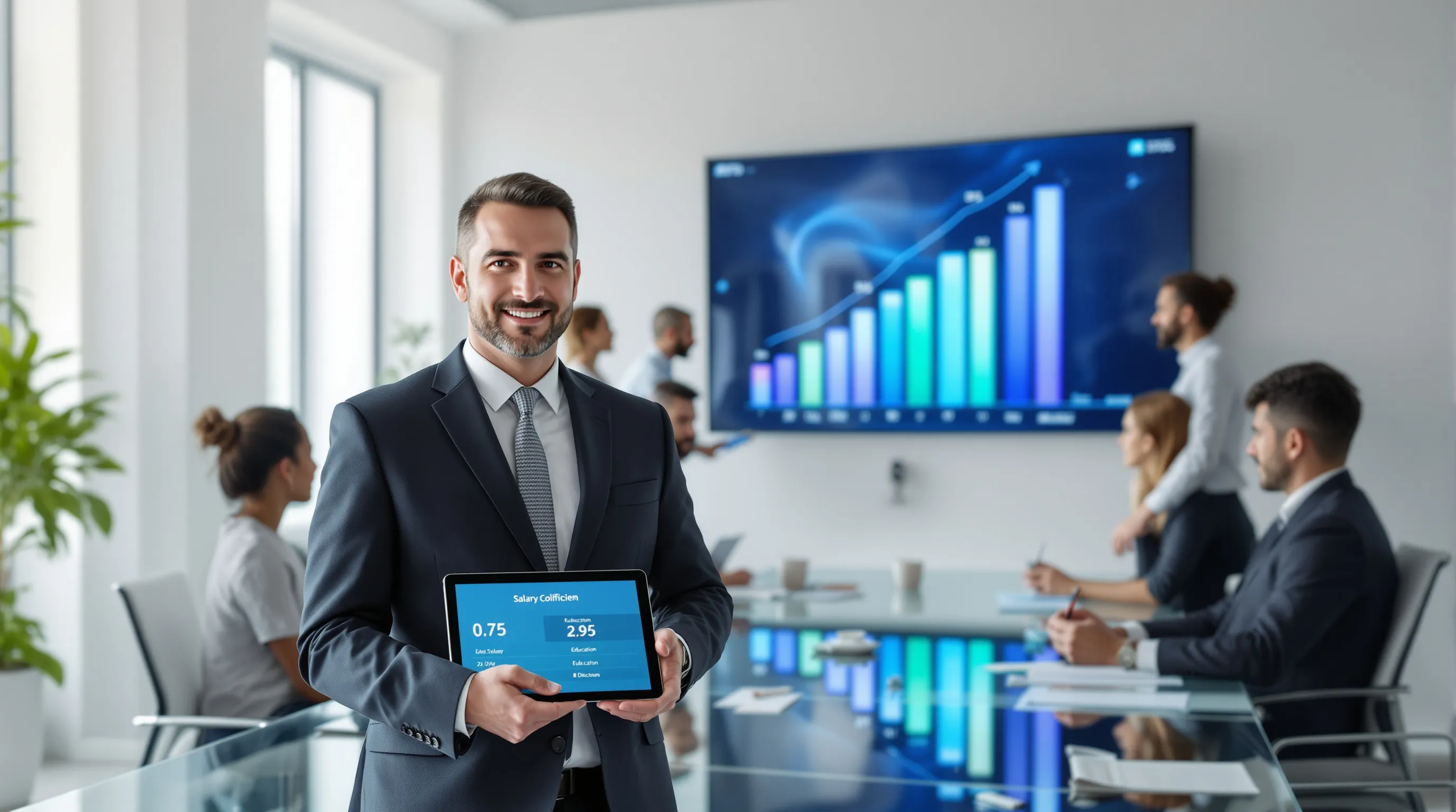 Professional team reviewing salary coefficient charts in modern office