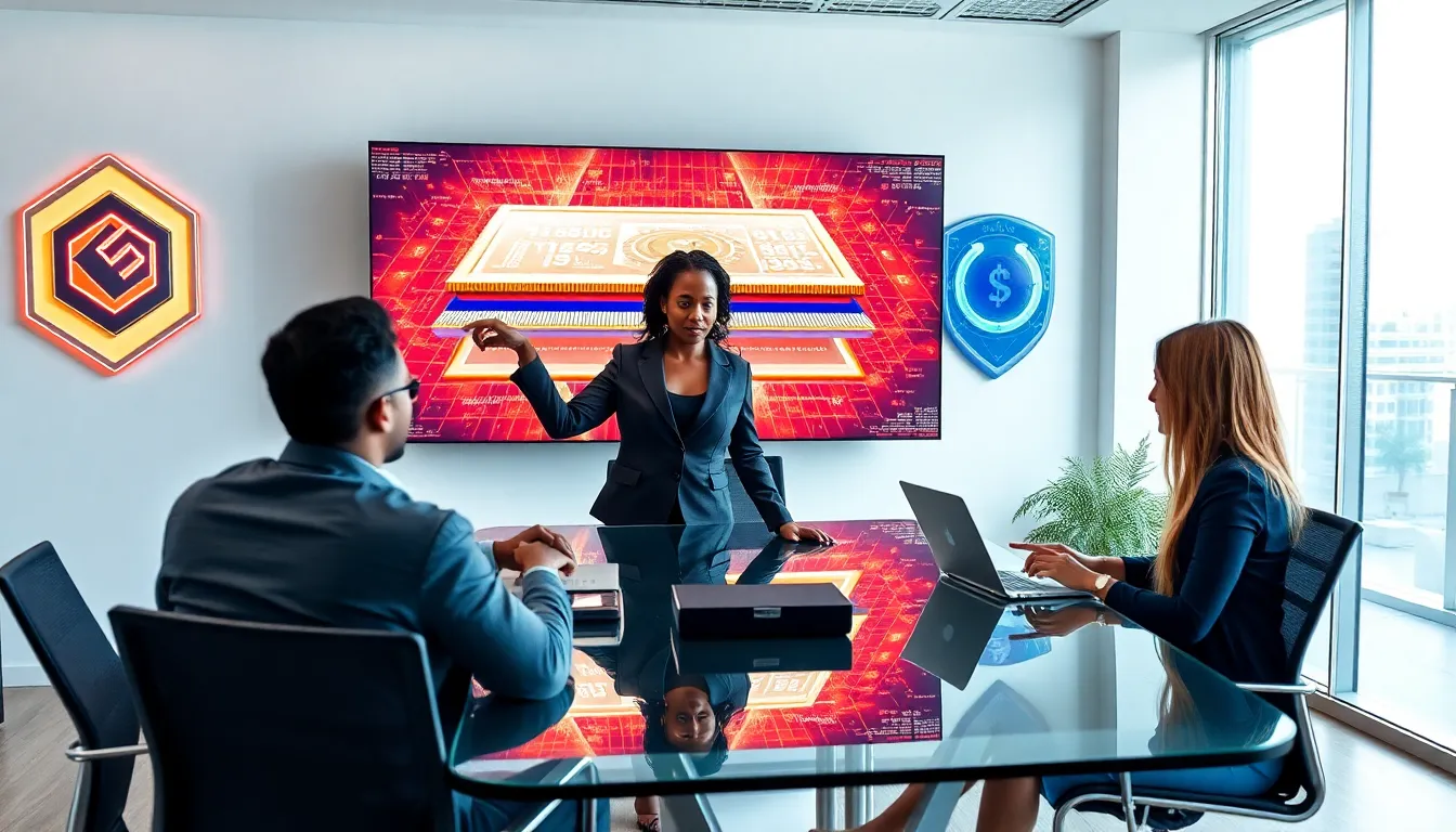 diverse team discussing encryption and digital assets in a modern office.