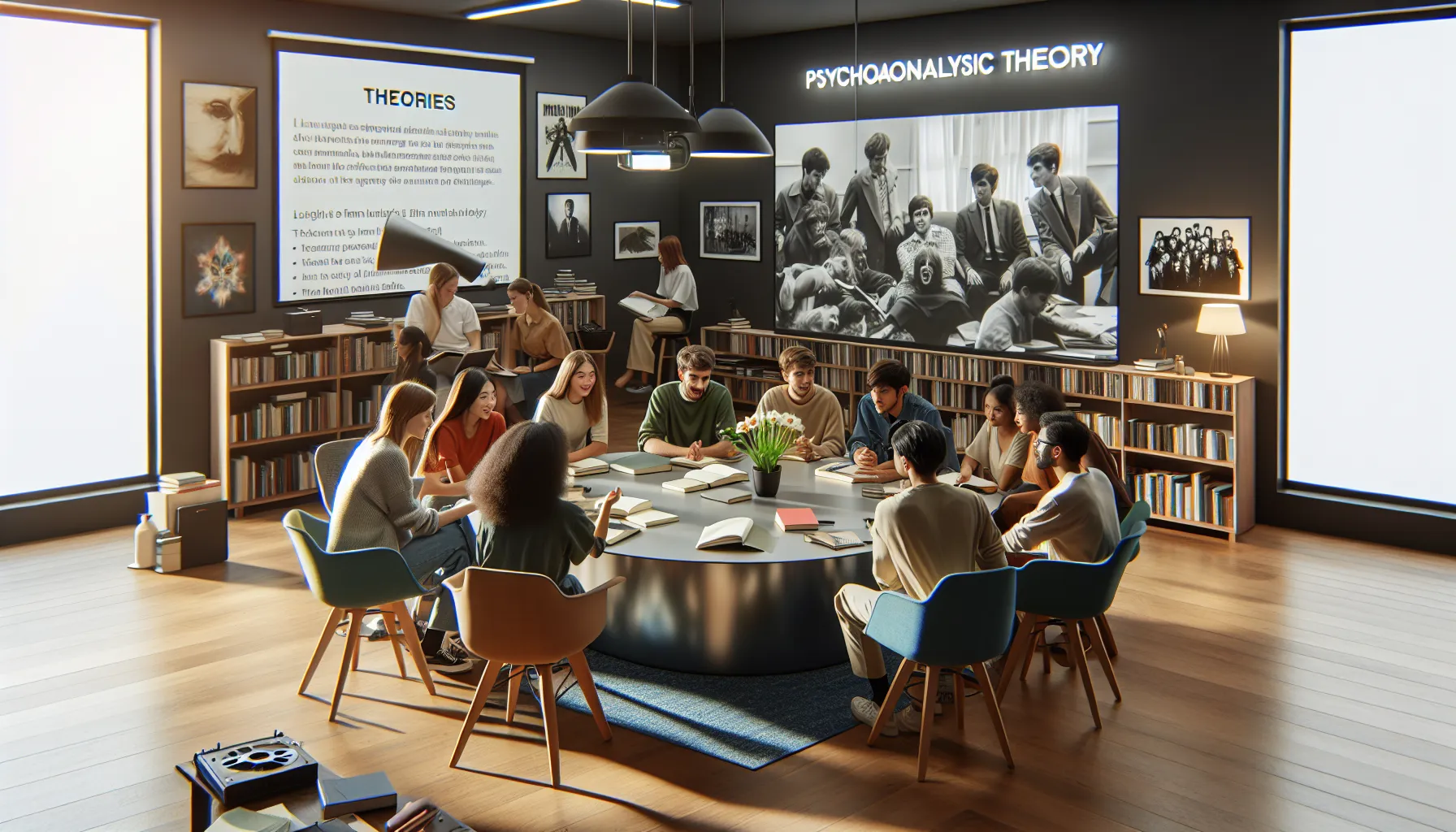 diverse students discussing film analysis theories in a modern classroom.