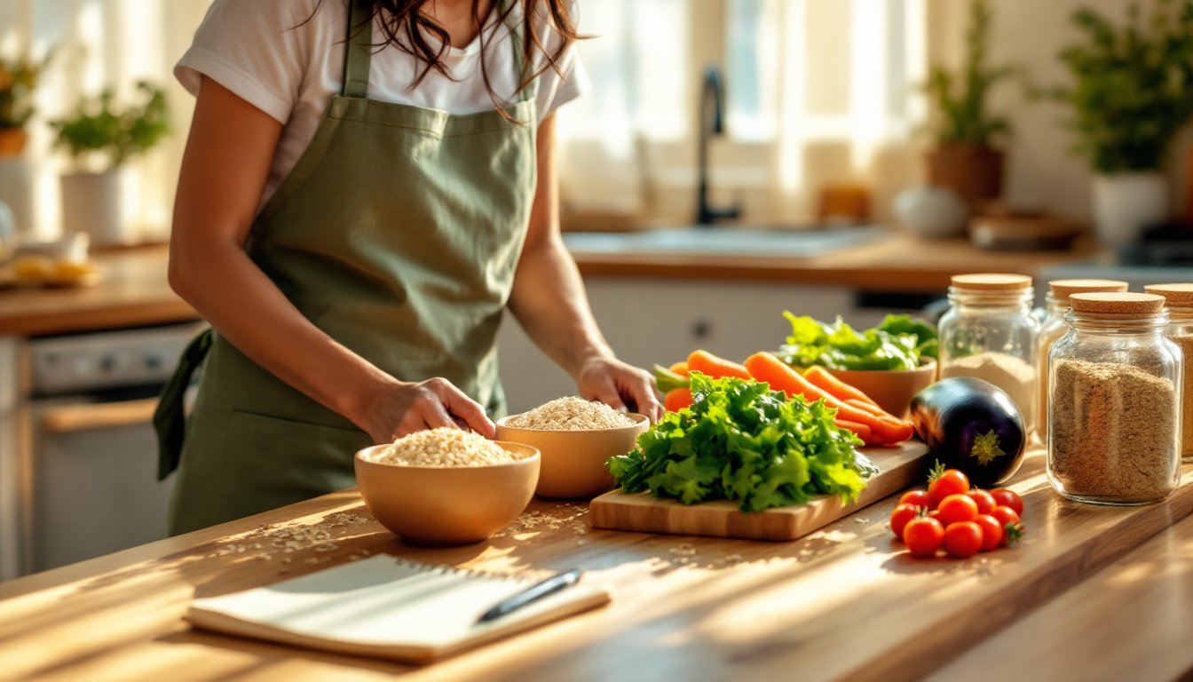 Woman organizing grains, vegetables, and spices on a sunny kitchen counter for weekly meal planning.