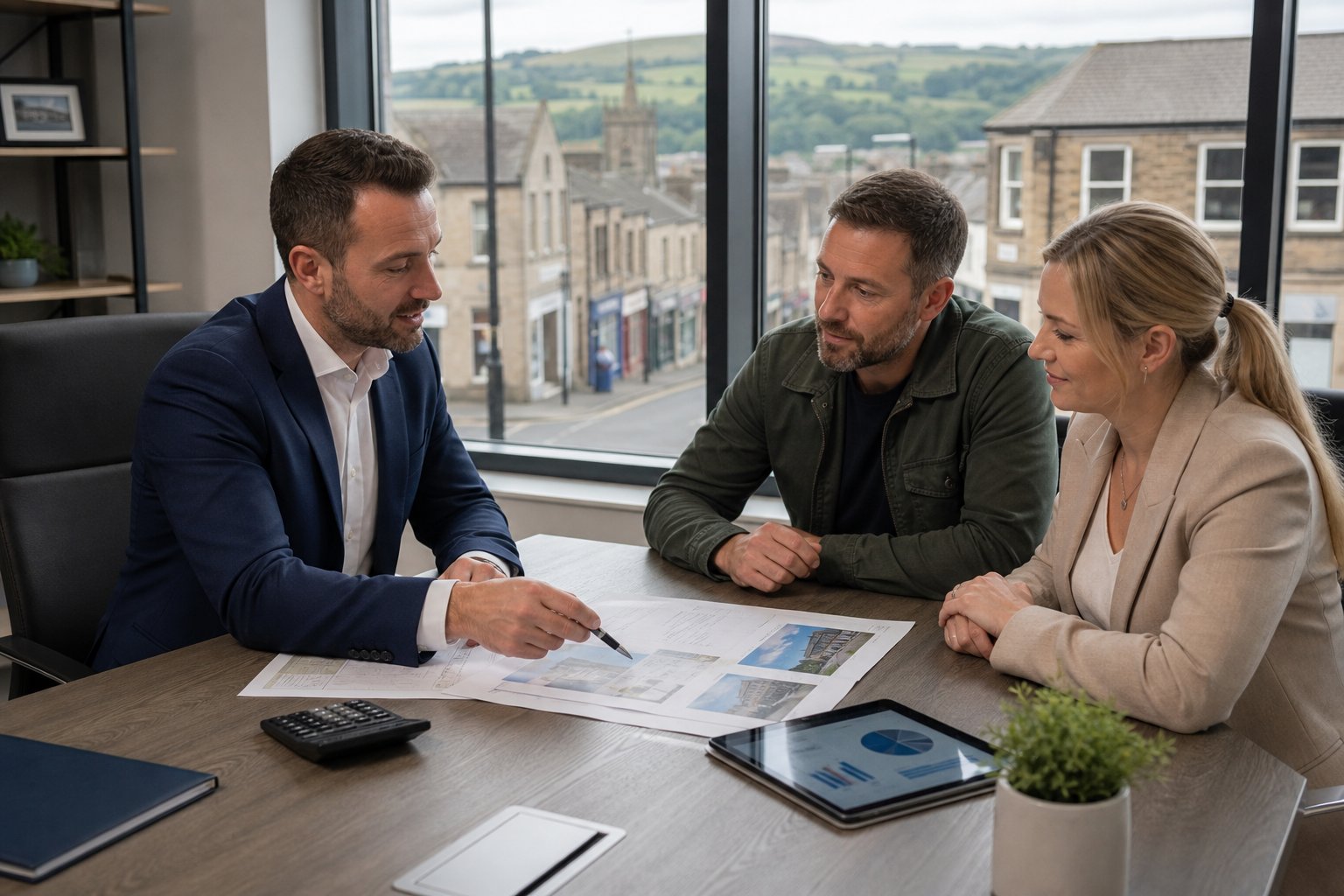 Commercial Mortgages In Haslingden 17 Professional commercial mortgage advisor meeting with clients in a modern naturally lit office, reviewing property documents with a subtle Haslingden town and hillside backdrop.