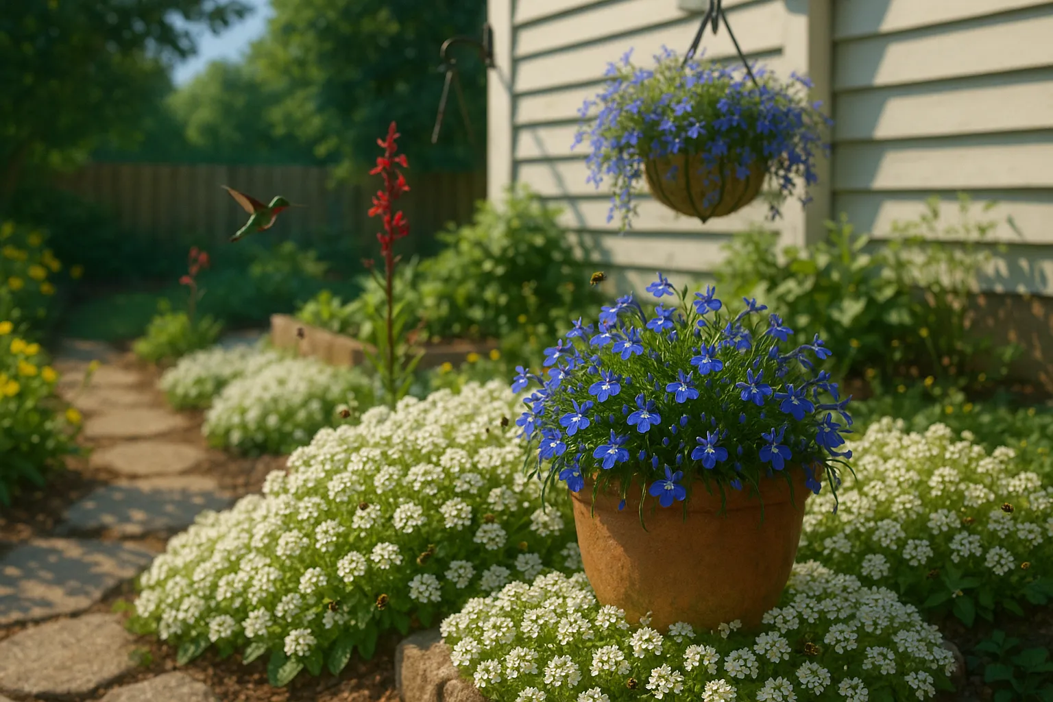 Blue lobelia spilling from a pot with white alyssum edging a sunny garden path.