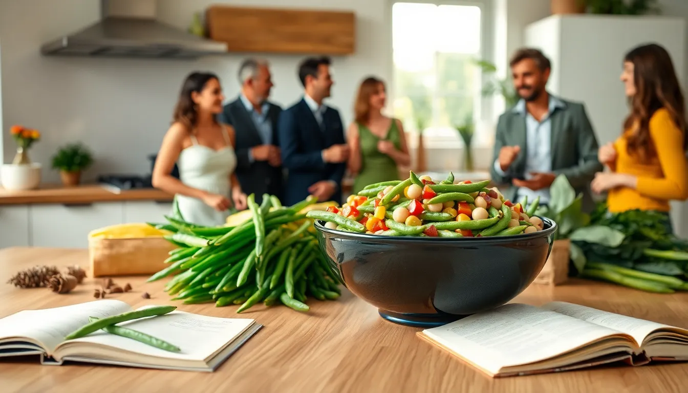 a diverse group preparing healthy green bean recipes in a bright kitchen.