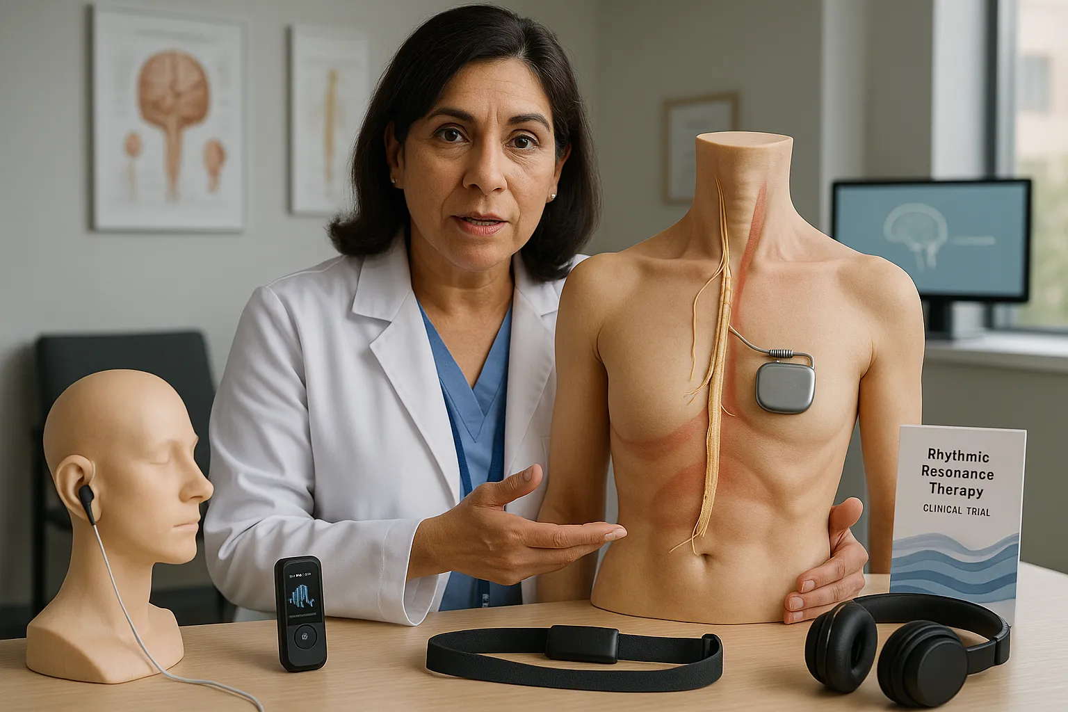 Neurologist demonstrating implanted vagus pulse generator and wearable resonance devices on a table.