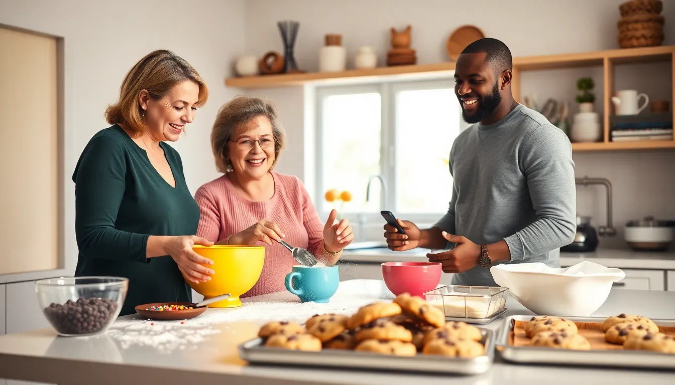 diverse group baking cookies in a warm, inviting kitchen.