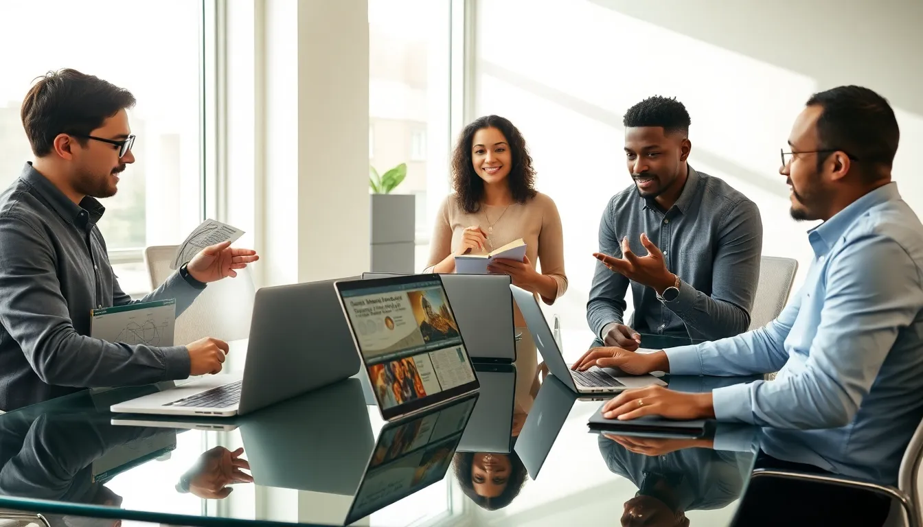 diverse team collaborating on CK2 strategy guides in a modern office.