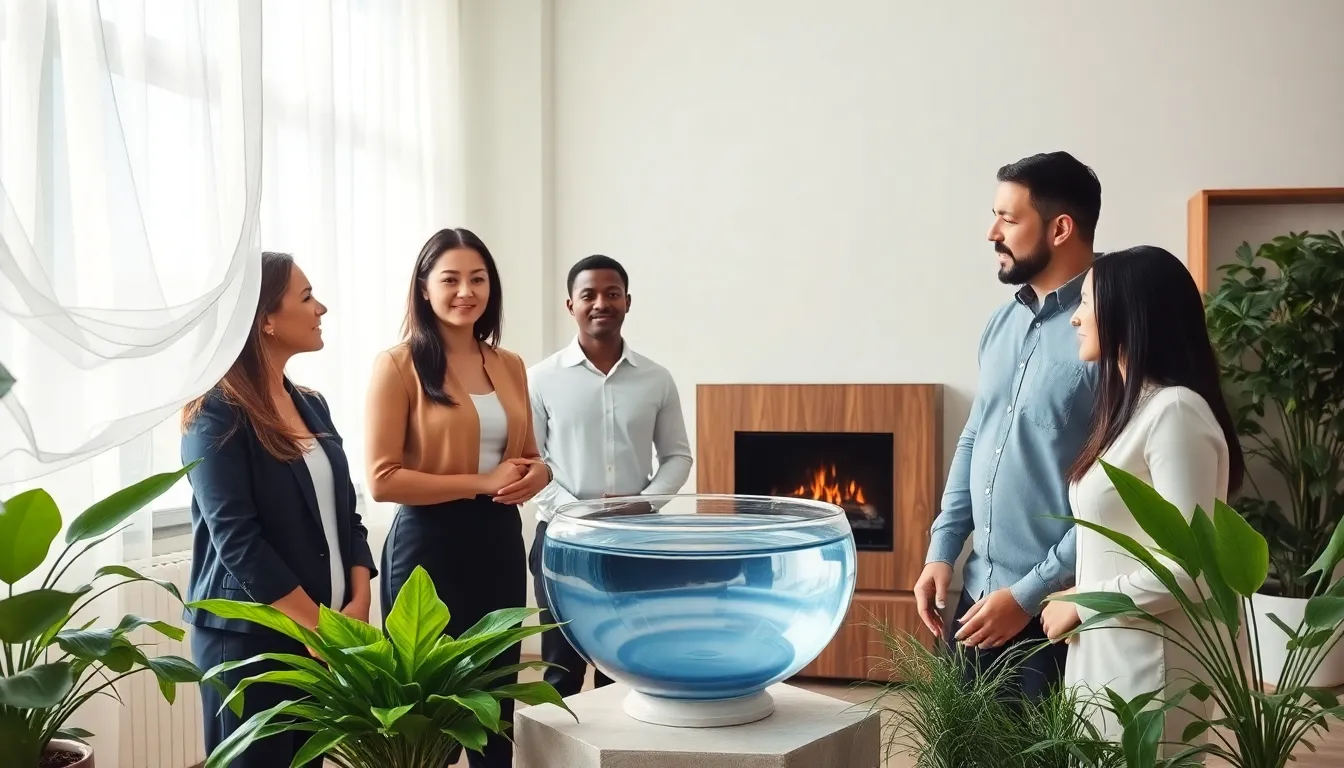 diverse team discussing spirituality in a modern office with natural elements.