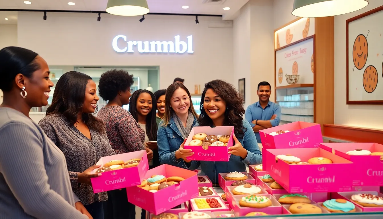 customers enjoying a selection of Crumbl cookies in a modern bakery.