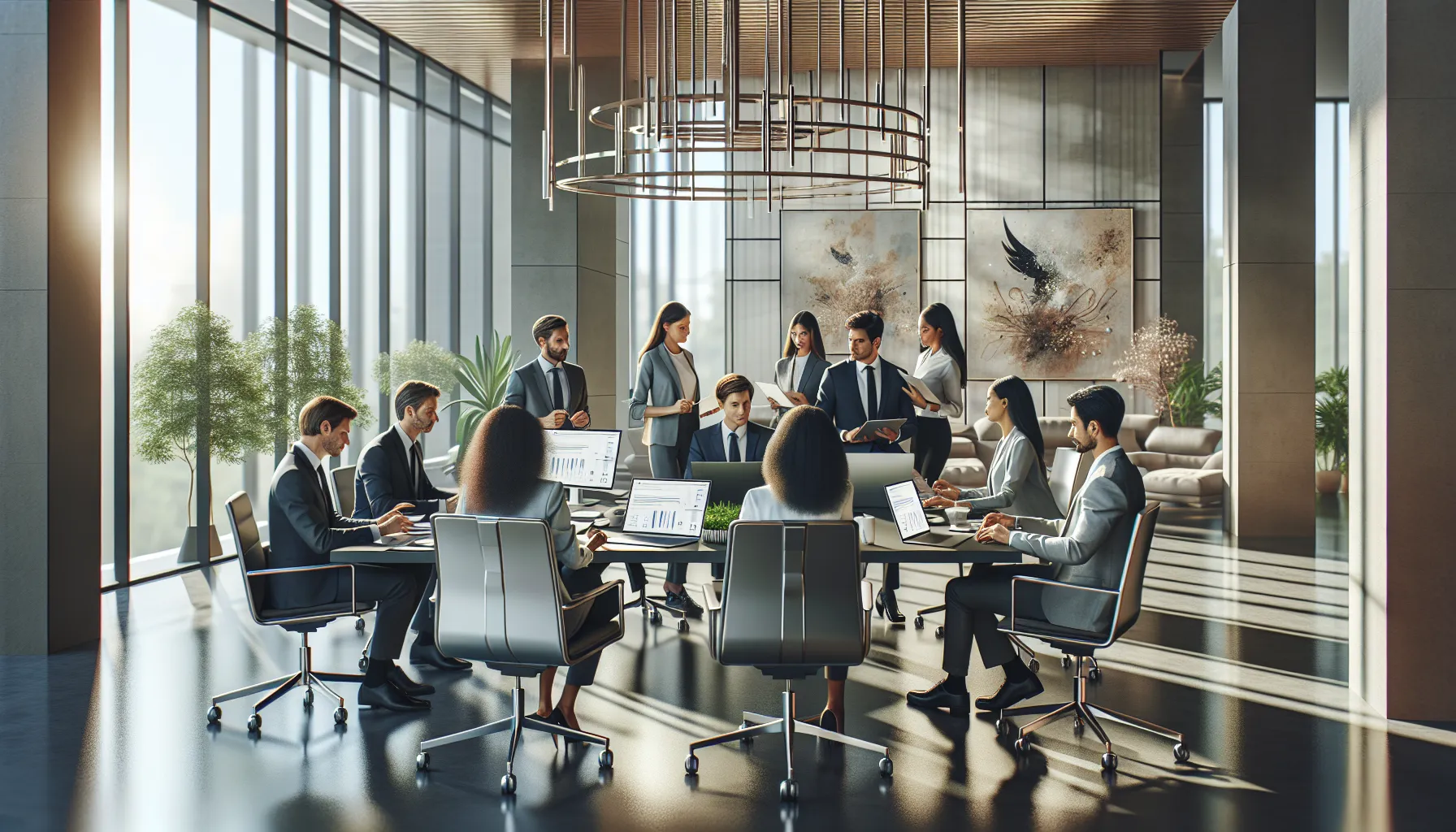 diverse professionals collaborating in a modern office setting.