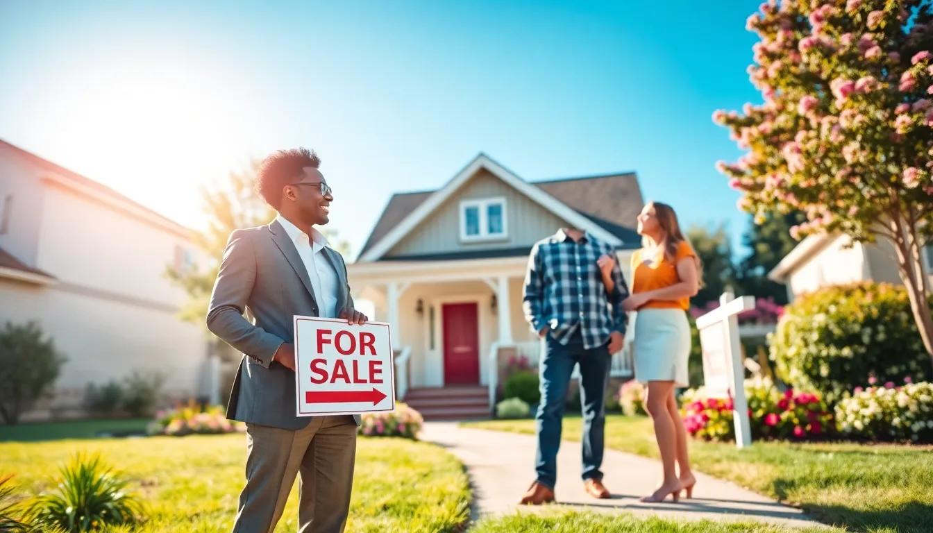 real estate agent discussing a home sale in a sunny neighborhood.