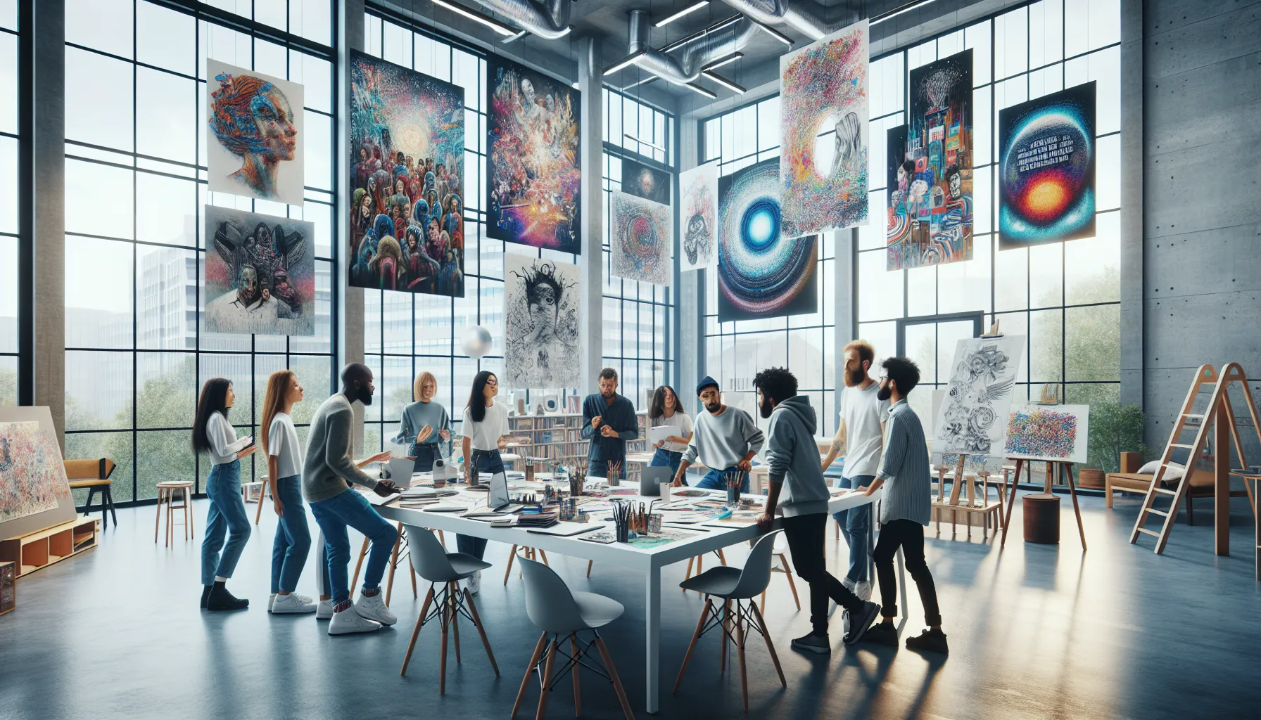 artists and writers collaborating in a modern studio.