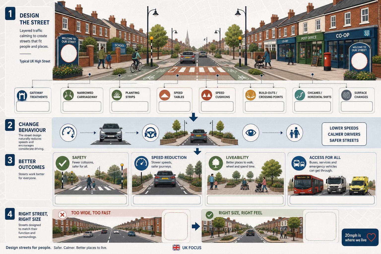 Infographic showing UK traffic calming features and their safety and street benefits.