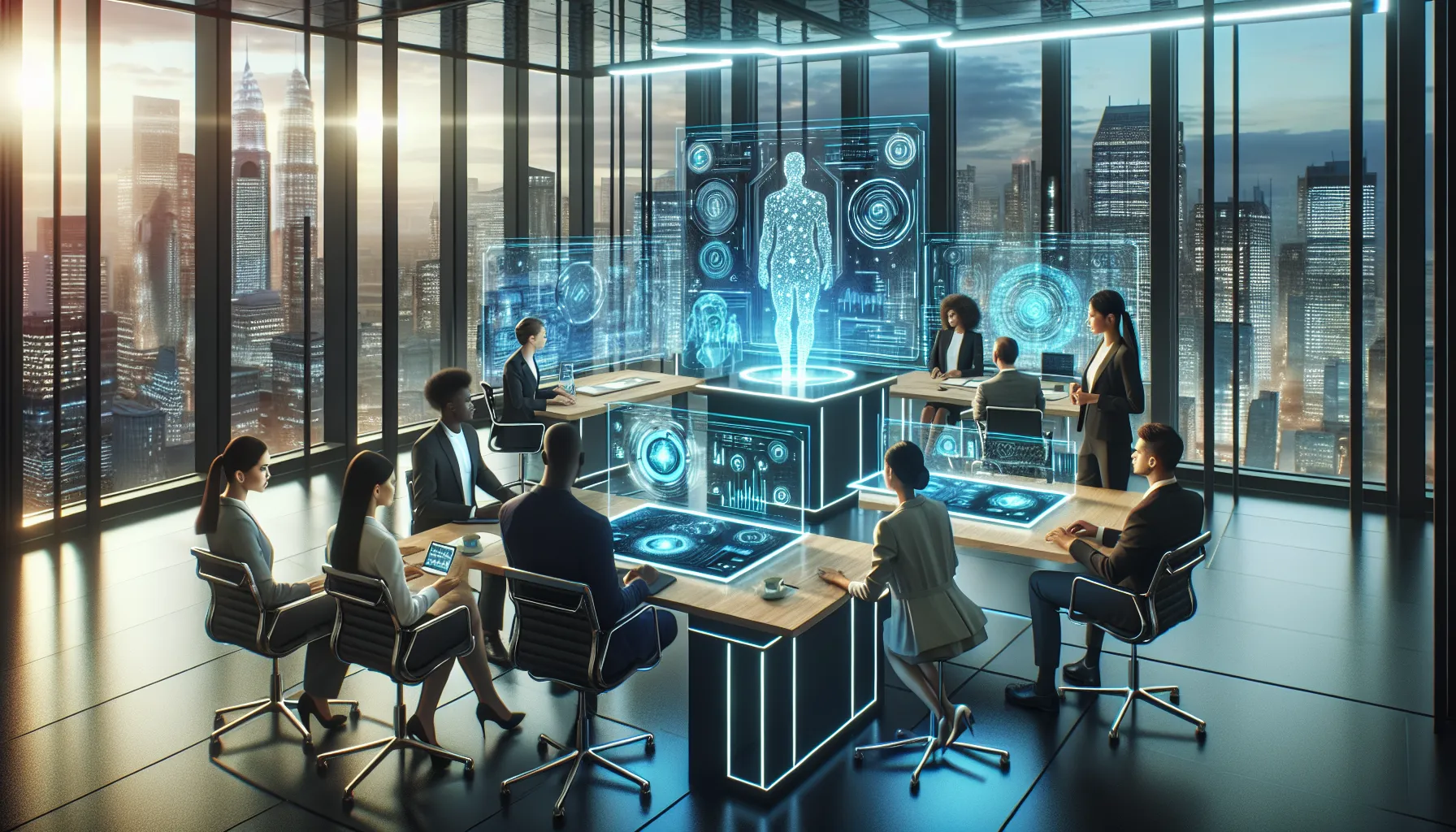 diverse team collaborating in a modern, tech-driven office space.